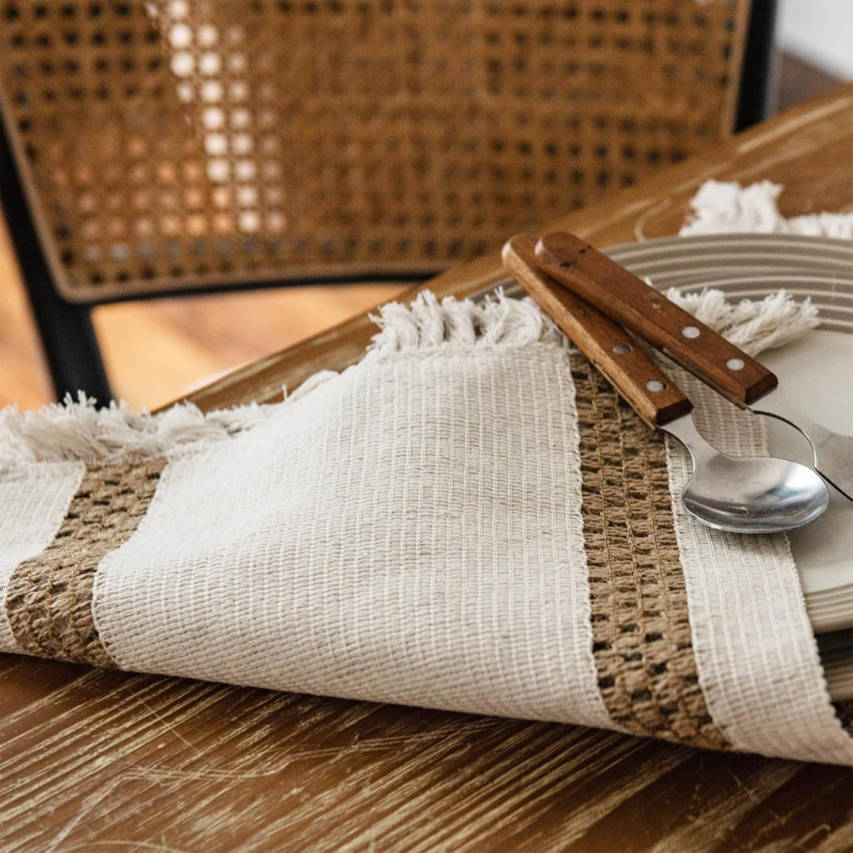 Boho Placemats Set of 8, 12x18 Inch Natural Cotton Burlap and Kitchen Woven Placemats with Tassels for Dining Table