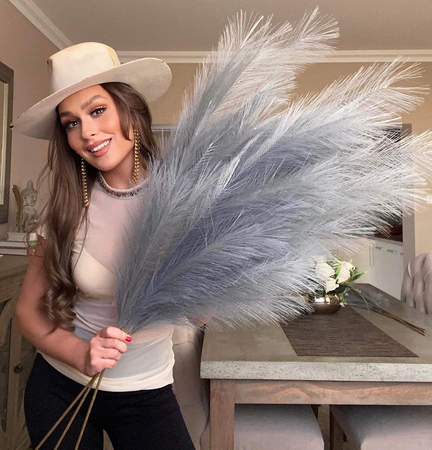 Light Fake Artificial Faux Pampas Grass Large Bundle 3 Tall 45" Extra Fluffy Stems / Grey Gray