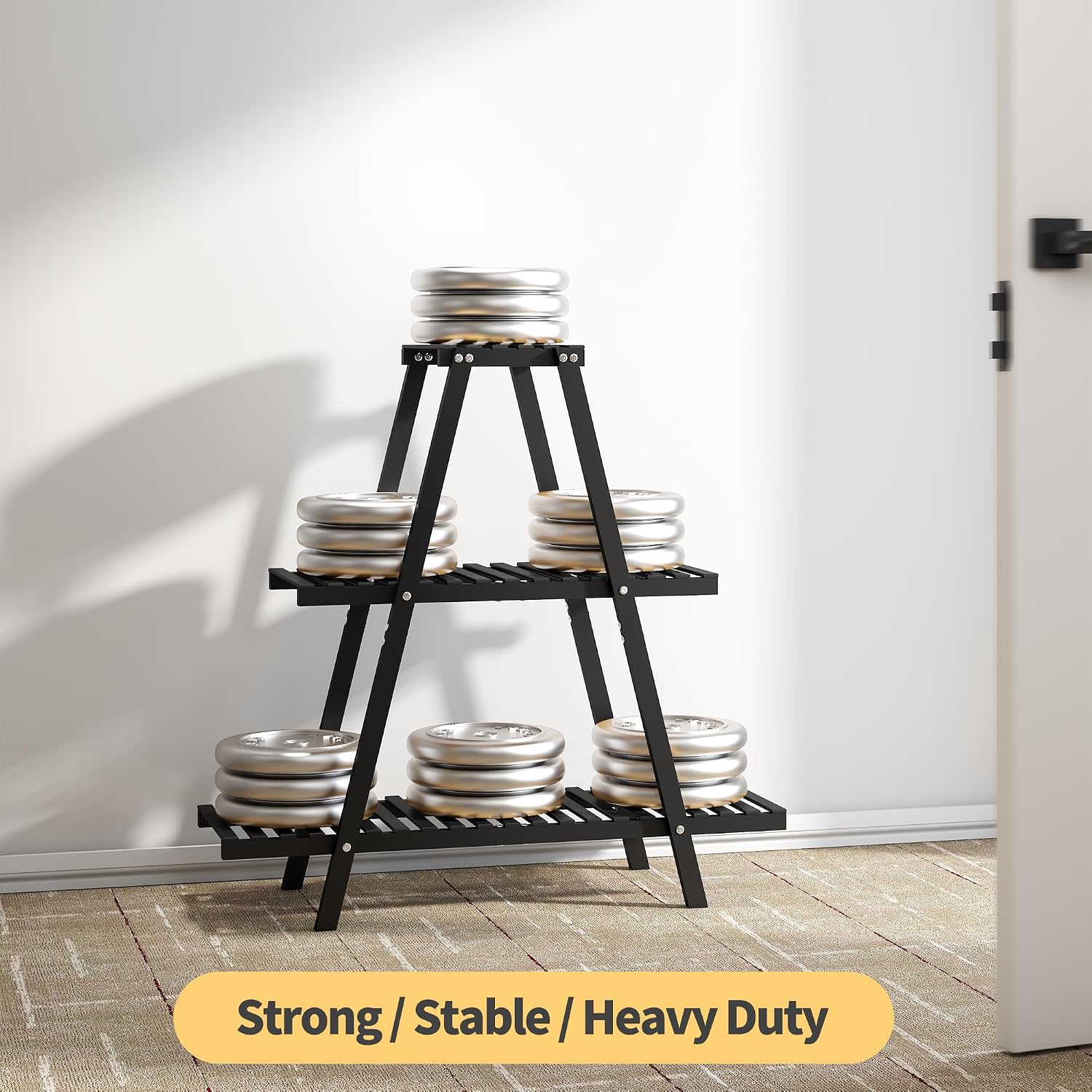 Bamboo Plant Stand Indoor/Outdoor, 3-Tier, Black, Rectangular, 8 Potted Flower Holder Ladder Plant Rack