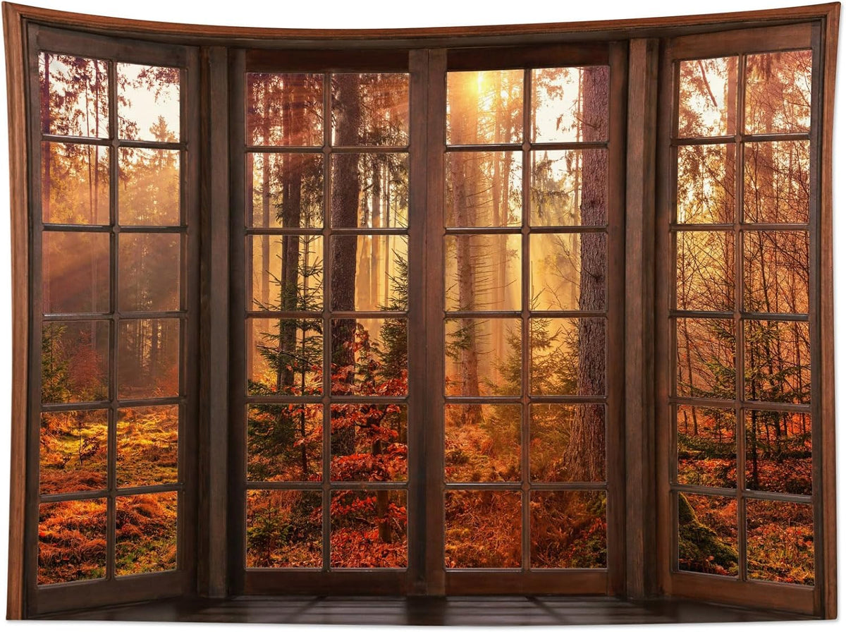 HVEST Fall Tapestry Orange Maple Tree Forest Nature Landscape outside Window Wall Art for Bedroom, Rustic Autumn Tapestry Wall Hanging for Living Room Dorm Holiday Wall Decor, 59W x 51L inches