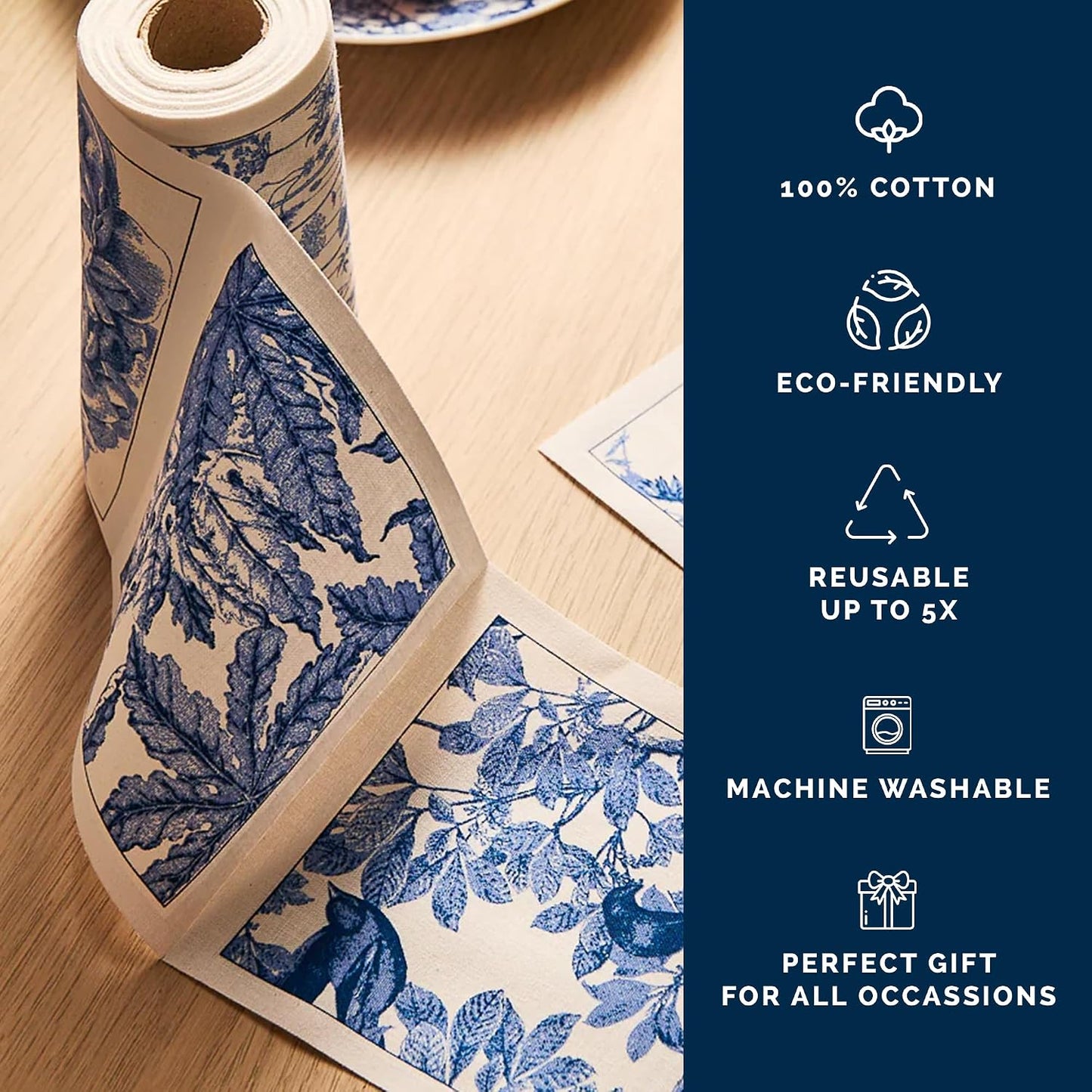 Botanicals Cocktail Napkin Roll of 50 | 100% Cotton Quick Dry Reusable | Perfect for Home, Dining, Birthday, Gifts