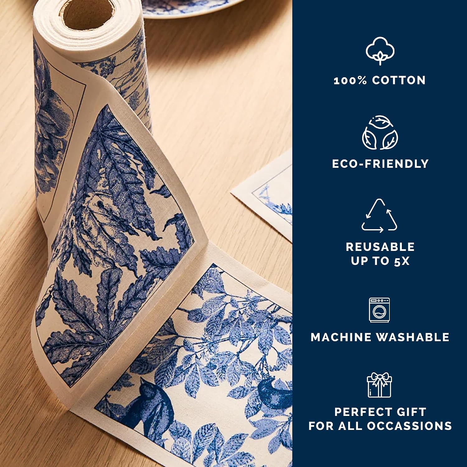 Botanicals Cocktail Napkin Roll of 50 | 100% Cotton Quick Dry Reusable | Perfect for Home, Dining, Birthday, Gifts