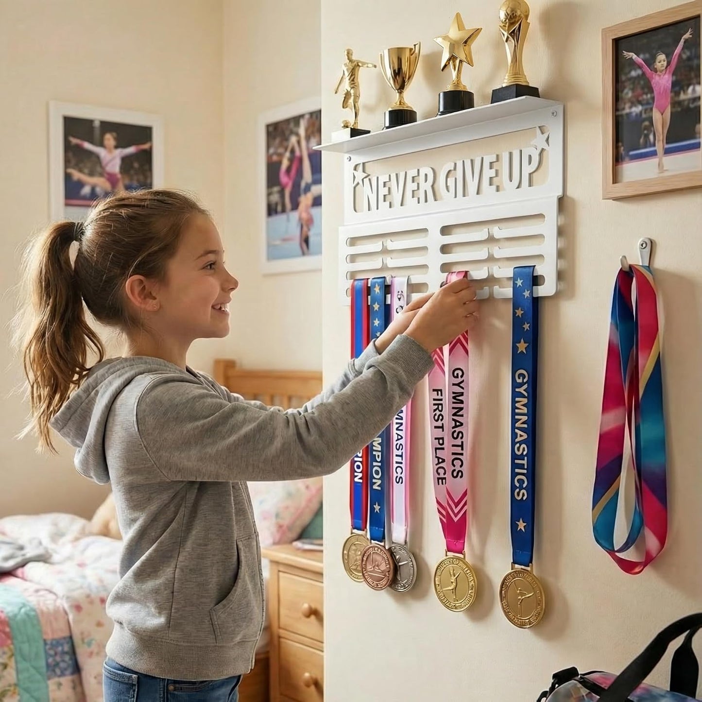 AGATHOS HOME Medal Hanger Display with Trophy Shelf - Metal Awards Rack for Walls Holds 64+ Sports Medals- Our Never