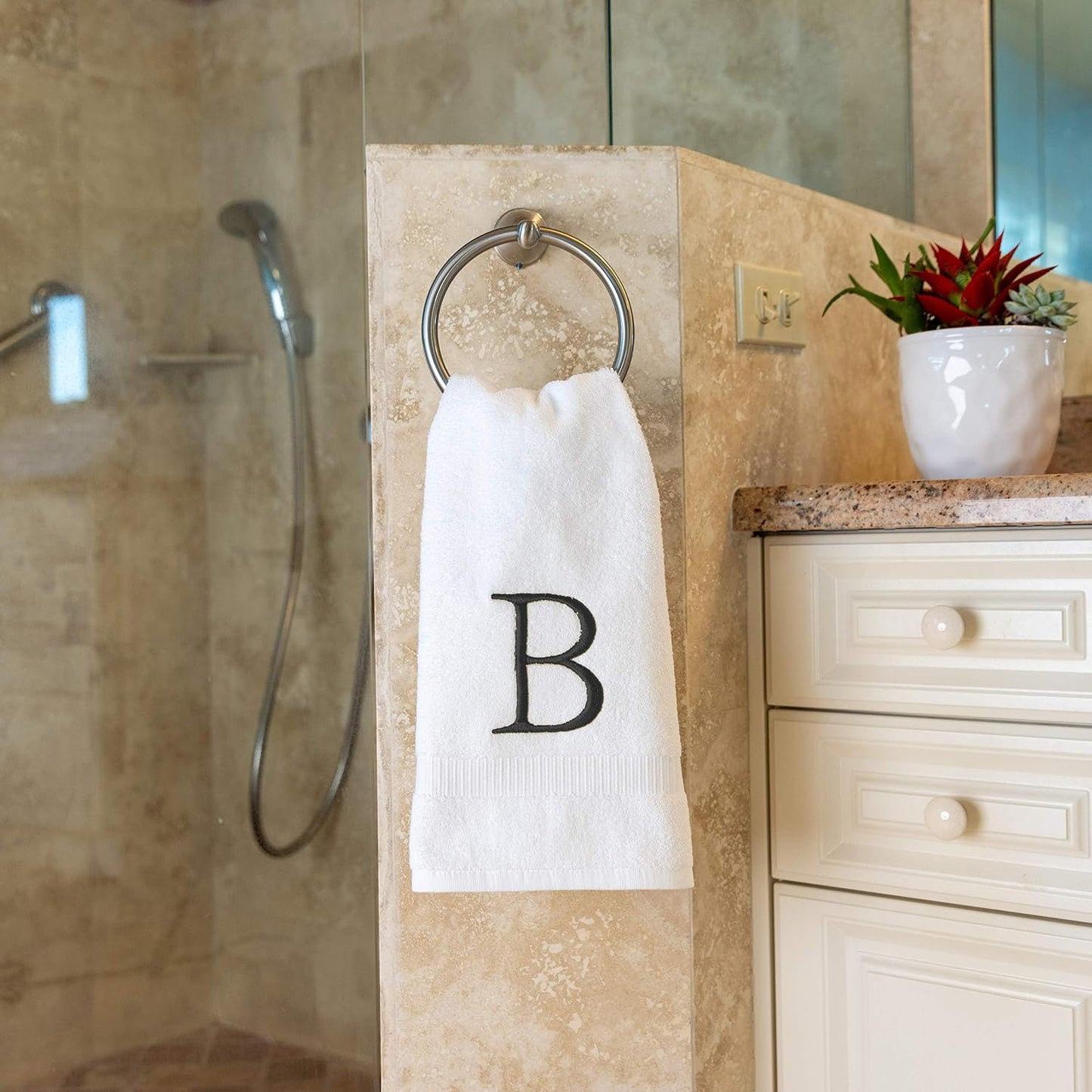 White with Dark Gray Monogrammed Hand Towels for Bathroom Set of 2 Letter B | Luxury Hotel Quality Initial Towels For