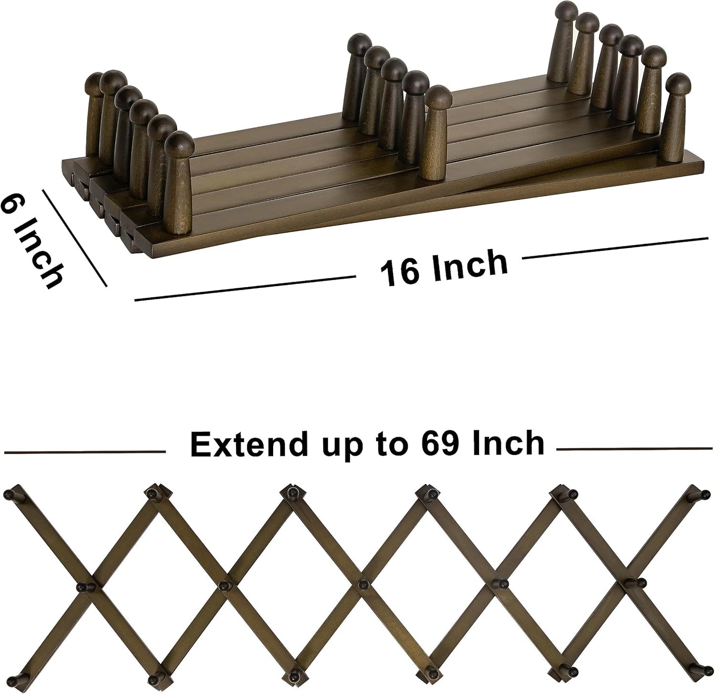 Accordion Wall Hanger: 16'' High Wooden Wall Expandable Coat Rack,Hat Rack Holder,Accordion Hook for Baseball
