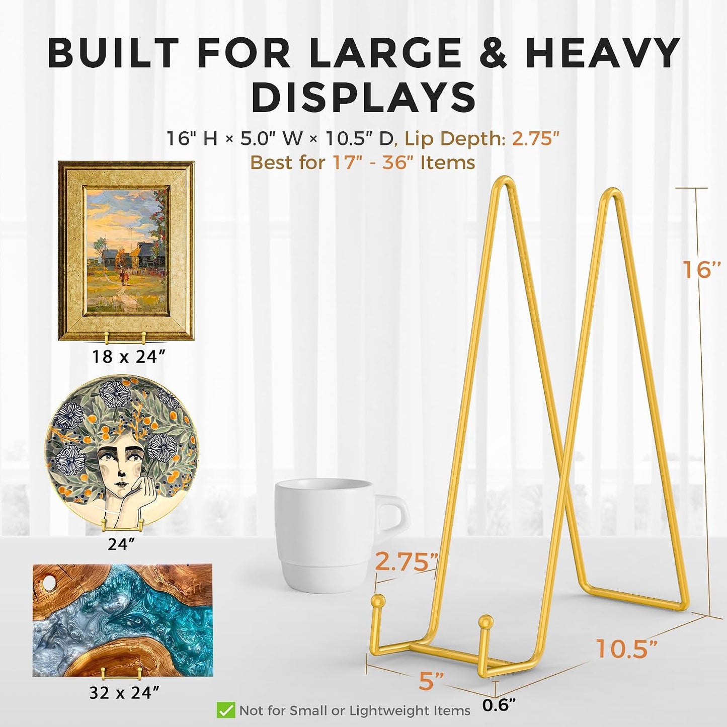 TR-LIFE 16 Inch Gold Metal Plate Stand (2 Pack) - Heavy Duty Display Stand for Extra-Large Plates, Frames, Platters and