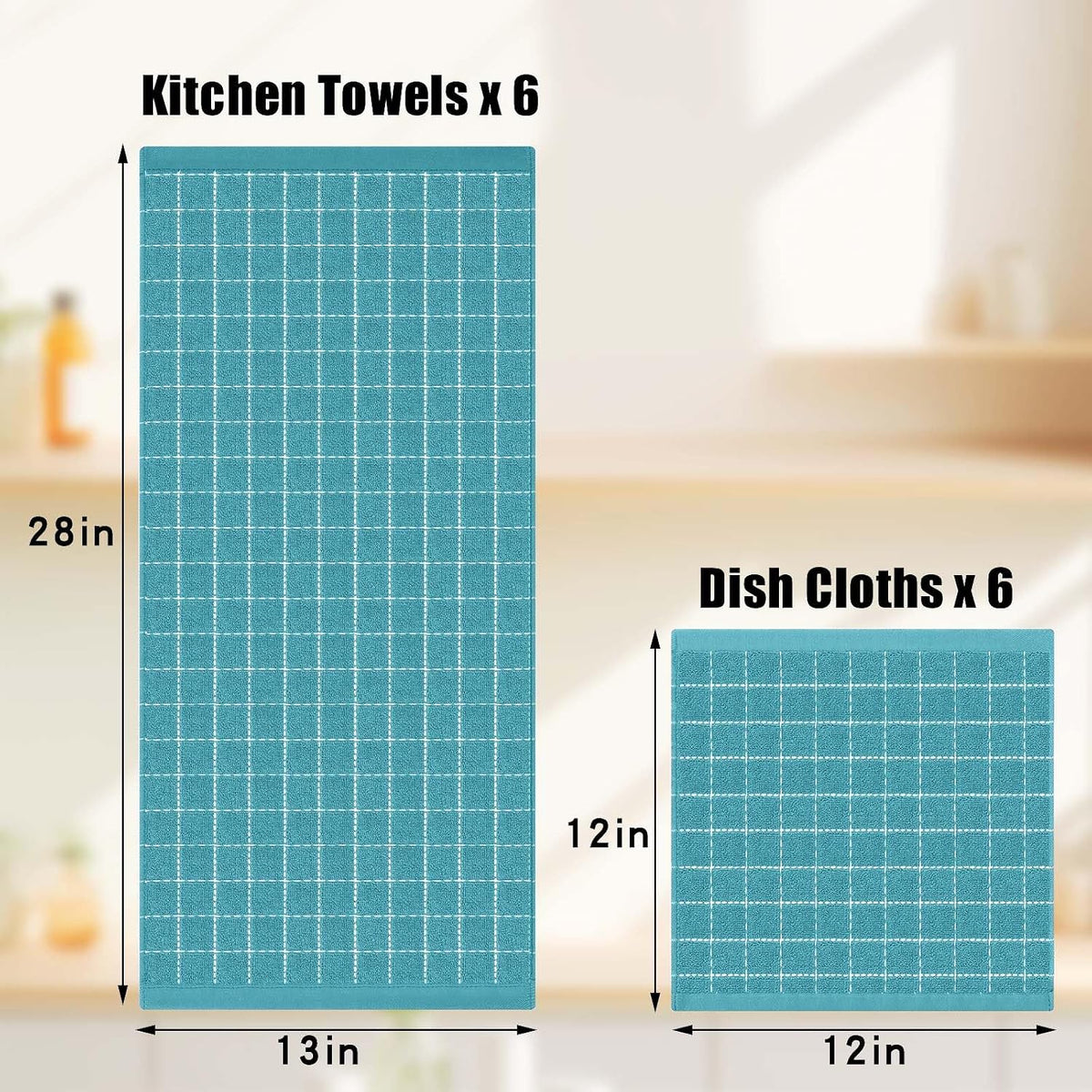 Homaxy Kitchen Towels and Dishcloths Set, Set of 12, Lake Blue | Bulk Cotton Terry Kitchen Towels, Checkered Designed