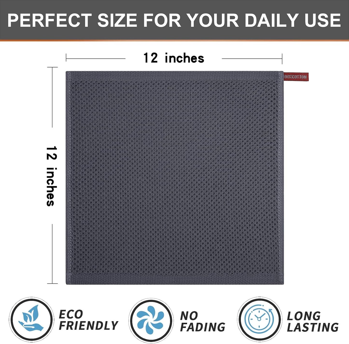 Kitinjoy 100% Cotton Waffle 12-Pack Kitchen Towels, 12" x 12", Dark Grey | Ultra Absorbent, Super Soft, lightweight