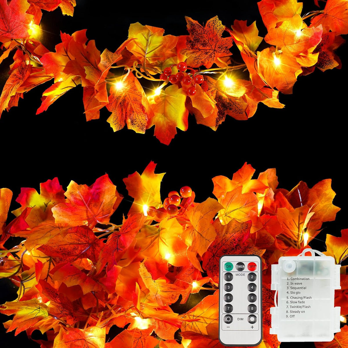 suddus 20 LED Fall Leaves Garland with Lights Battery Operated Timer Orange
