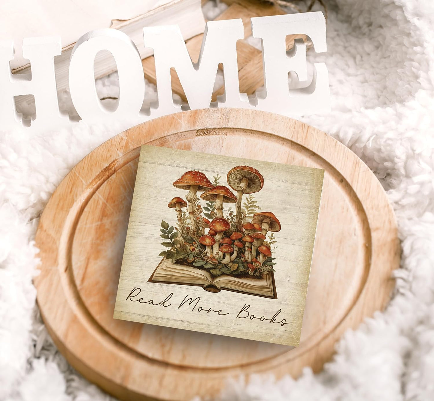 Vintage Mushroom Book Theme Wooden Block