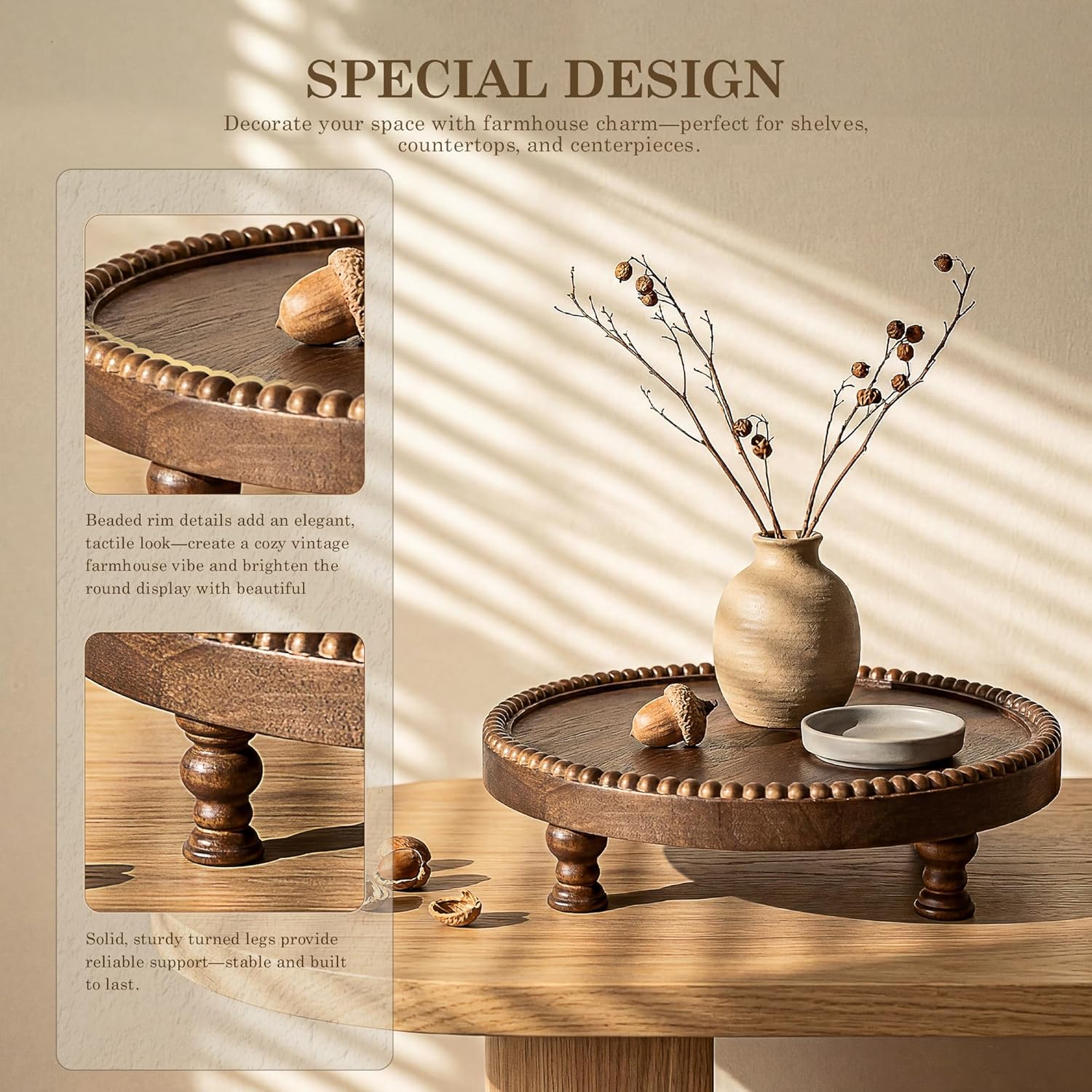 Beaded Pedestal Tray Stand for Plant Stand / Brown