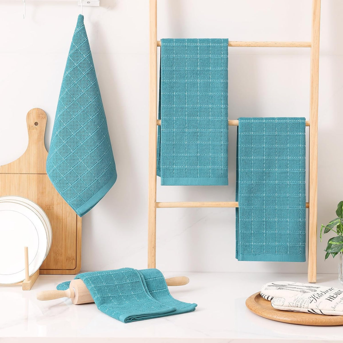 Homaxy 100% Cotton Terry Kitchen Towels, 6 Pack, Lake Blue | Ultra Soft and Absorbent Dish Towels for Kitchen, Suitable