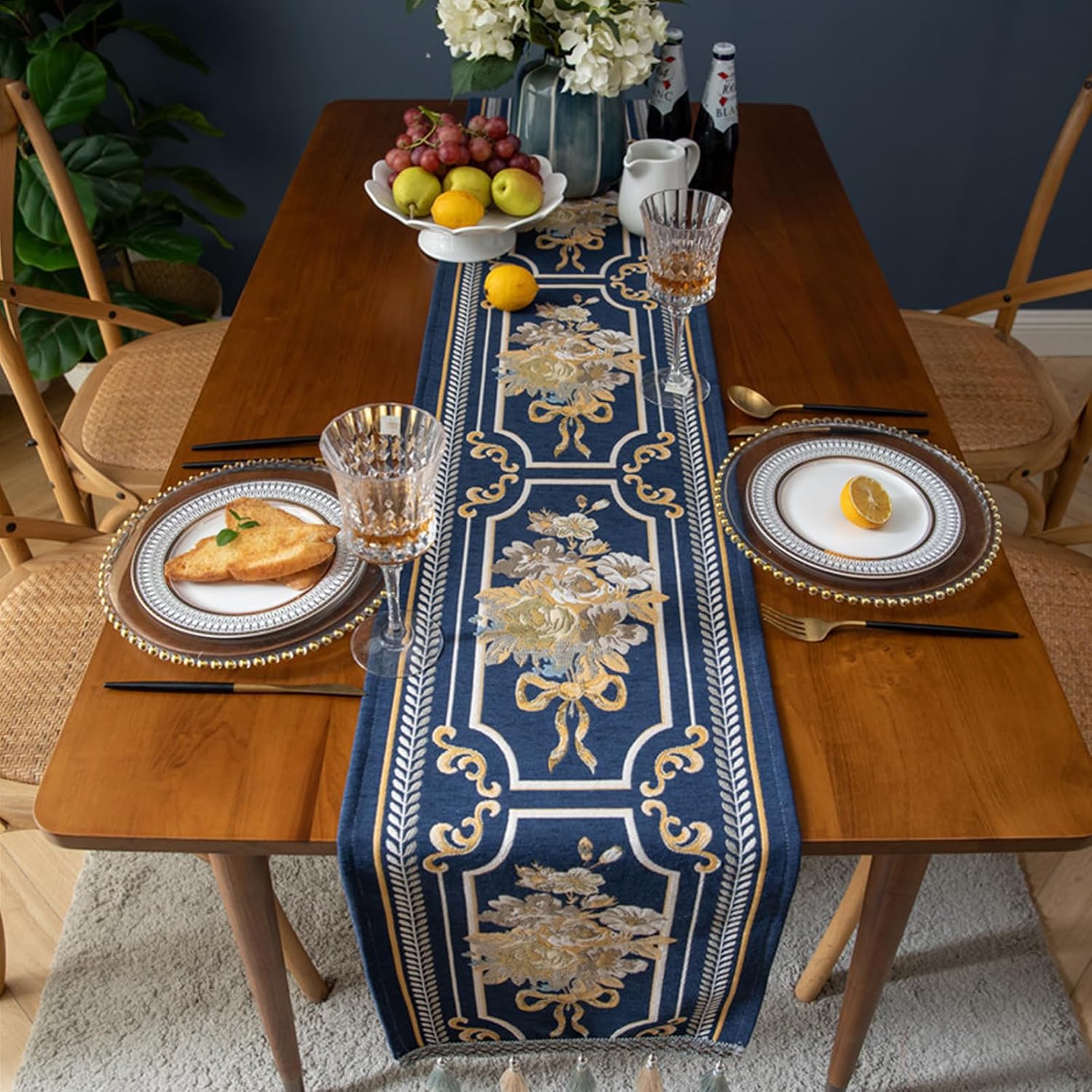 Embroidery Luxury Table Runner, Long Blue Dining Table Runner, Elegant Jacquard Dresser Scarf with Multi-Tassels for