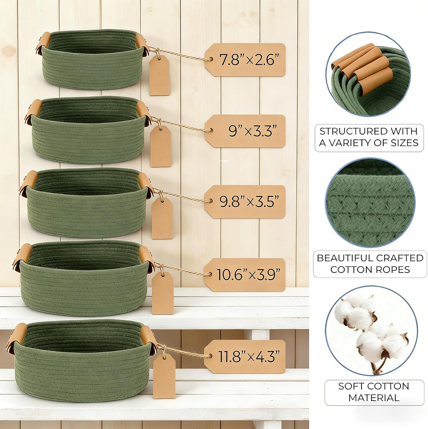Woven Rope Shelf Bins for Organizing / Sage / Green / Set of 5