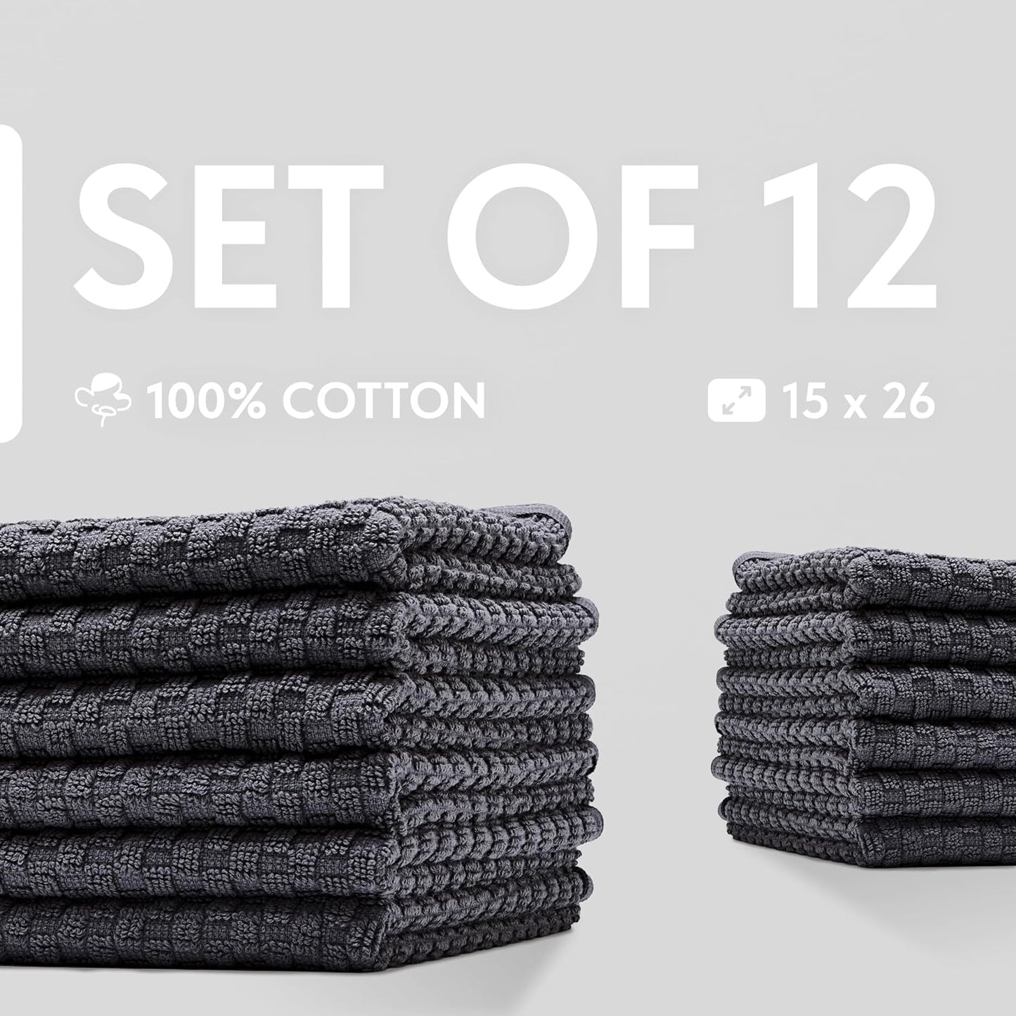 Super Absorbent Kitchen Towels 12 Pack - Premium 100% Cotton Kitchen Towels, 450GSM Thick Machine Washable Gray Dish