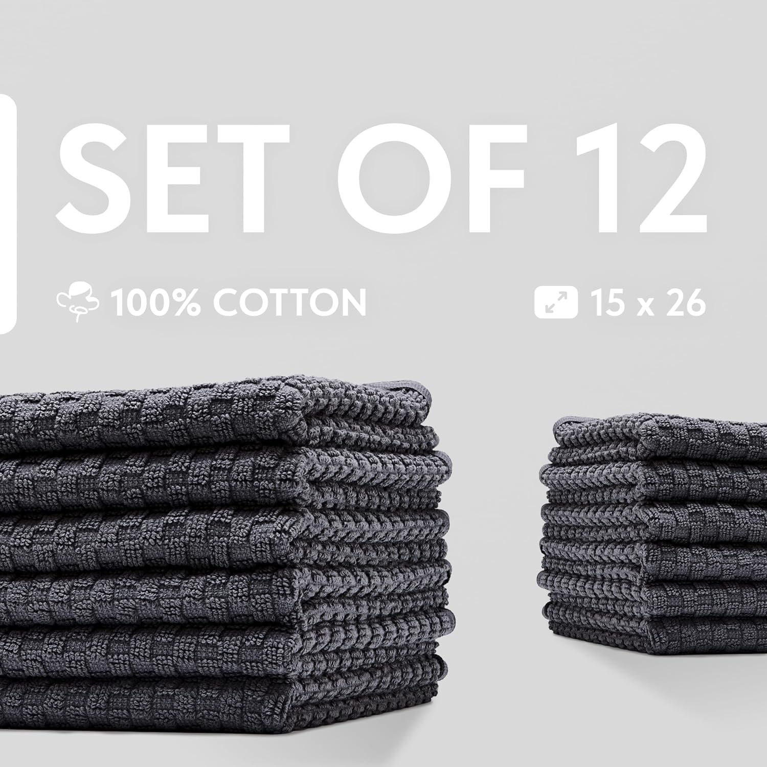 Super Absorbent Kitchen Towels 12 Pack - Premium 100% Cotton Kitchen Towels, 450GSM Thick Machine Washable Gray Dish