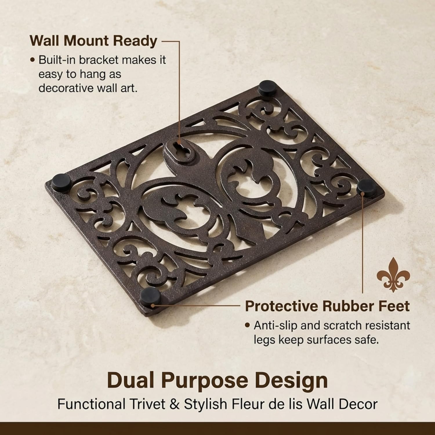 Lulu Decor, Cast Iron 13" x 9" Rectangle Fleur de lis Trivet Set of 2 pcs, for Hot Dishes or Pots - Durable Kitchen Mat