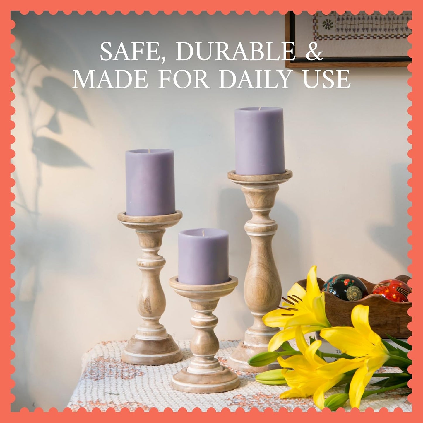 Mango Wood Candle Holders - Whitewash Finish, Set of 3 | Hand-carved decorative pillar stands curated to accent cozy