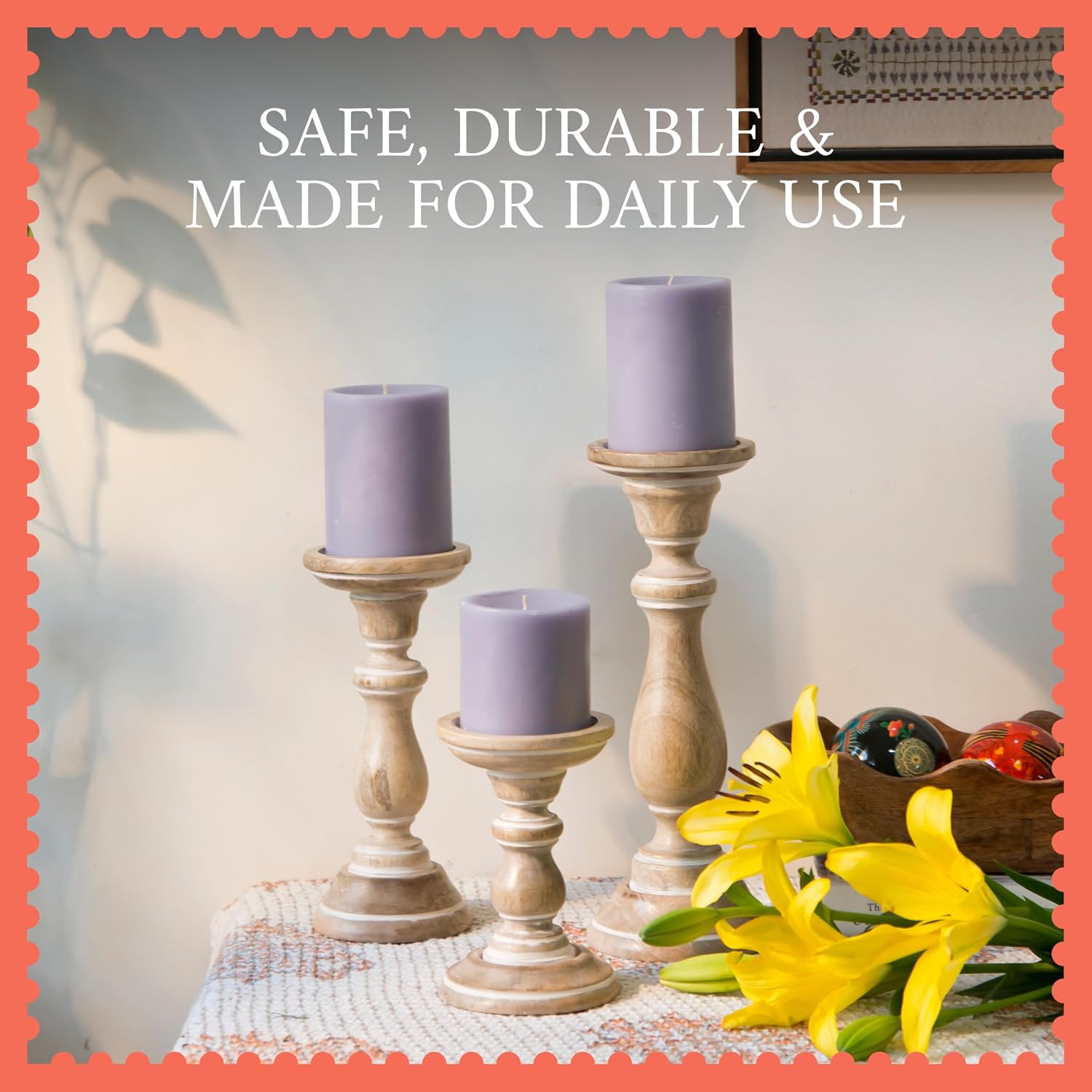 Mango Wood Candle Holders - Whitewash Finish, Set of 3 | Hand-carved decorative pillar stands curated to accent cozy