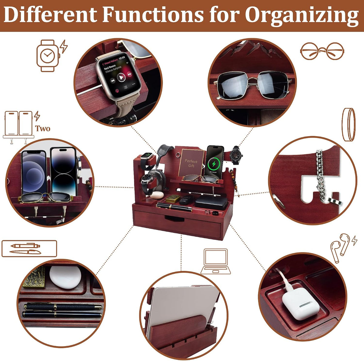 Nightstand Organizer for Men with Large Drawer, Wood Phone Docking Station for Phone, Apple Watch, Wallet & Keys, Ideal