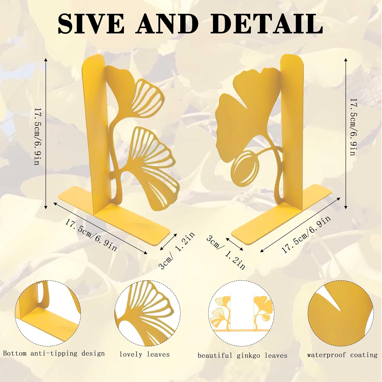 Metal Bookends / Unique Bookends for Reading / Ginkgo Leaf / Yellow
