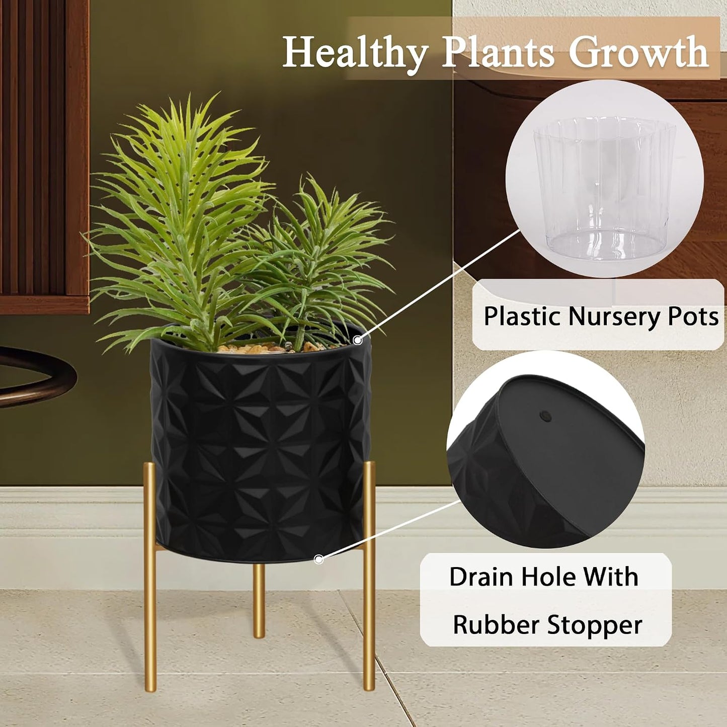 ARNIS Modern Planter Pots, Set of 2 Large Planters with Stand, Decorative Planters, Metal Pots with Drainage Holes for