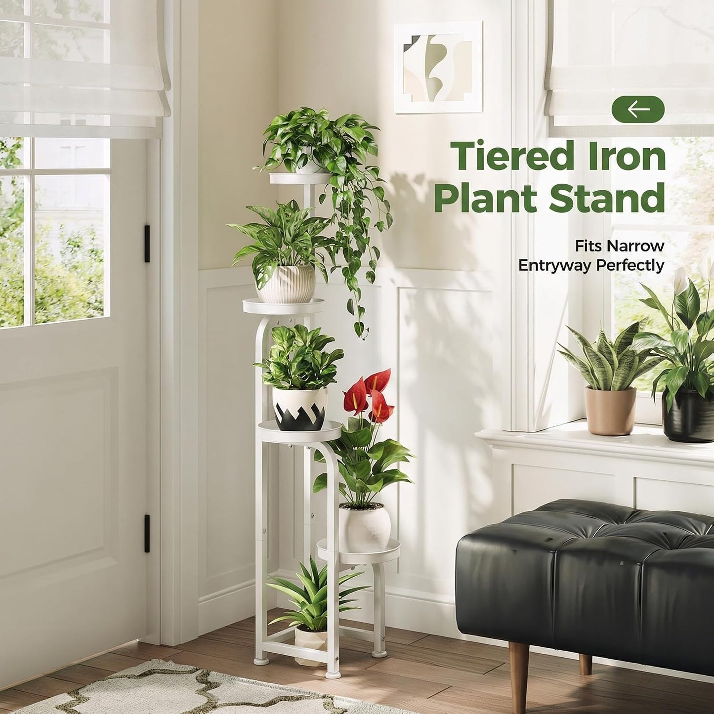 Bamworld Corner Plant Stand Indoor Outdoor Tall Metal Flower Pot Stands | 4 Tier White Heavy Duty Plant Shelf for