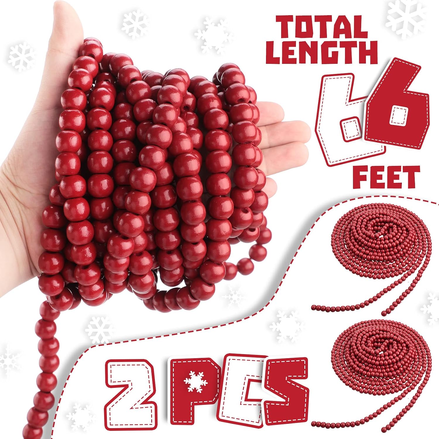 Giegxin 2 Pcs Wood Red Christmas Bead Garland 66 Feet Rustic Farmhouse | Rustic Wooden Beaded Garland for Tree Tier