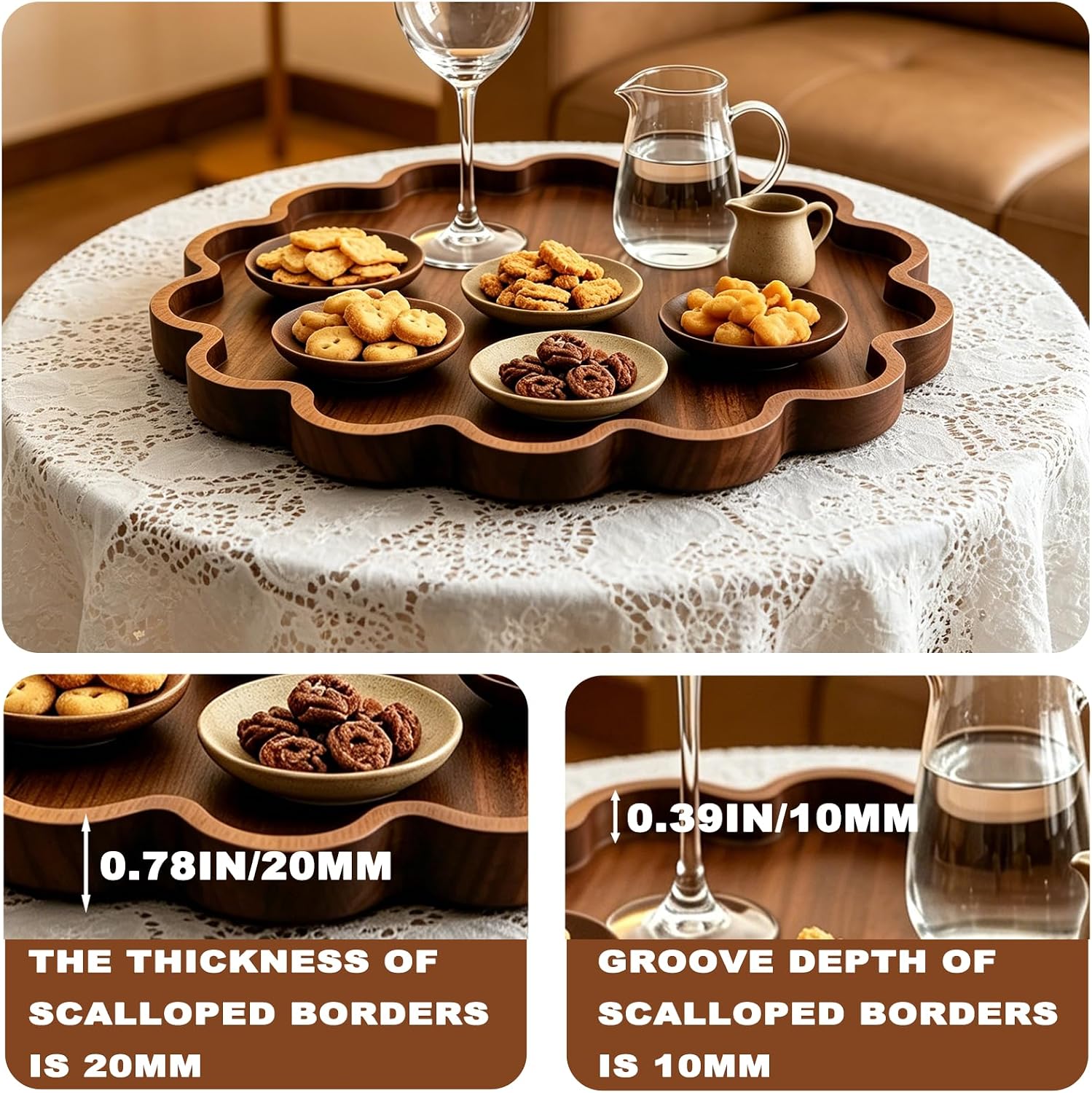 Decorative Serving Tray Wood Scalloped Serving Tray Round Wooden Display Plate / 12.6 Inch