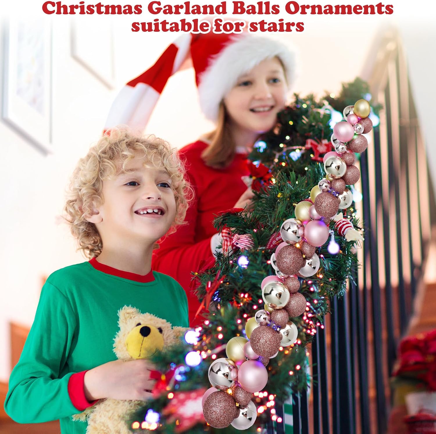 2 Pcs Christmas Balls Garland 6 ft Hanging Ornaments Xmas Balls Decorations with 2 Pcs 10 Feet LED Lights Indoor