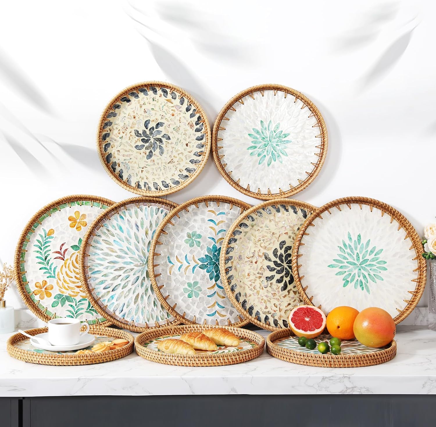 Large Rattan Serving Tray / Lucky Flower / 14 Inch