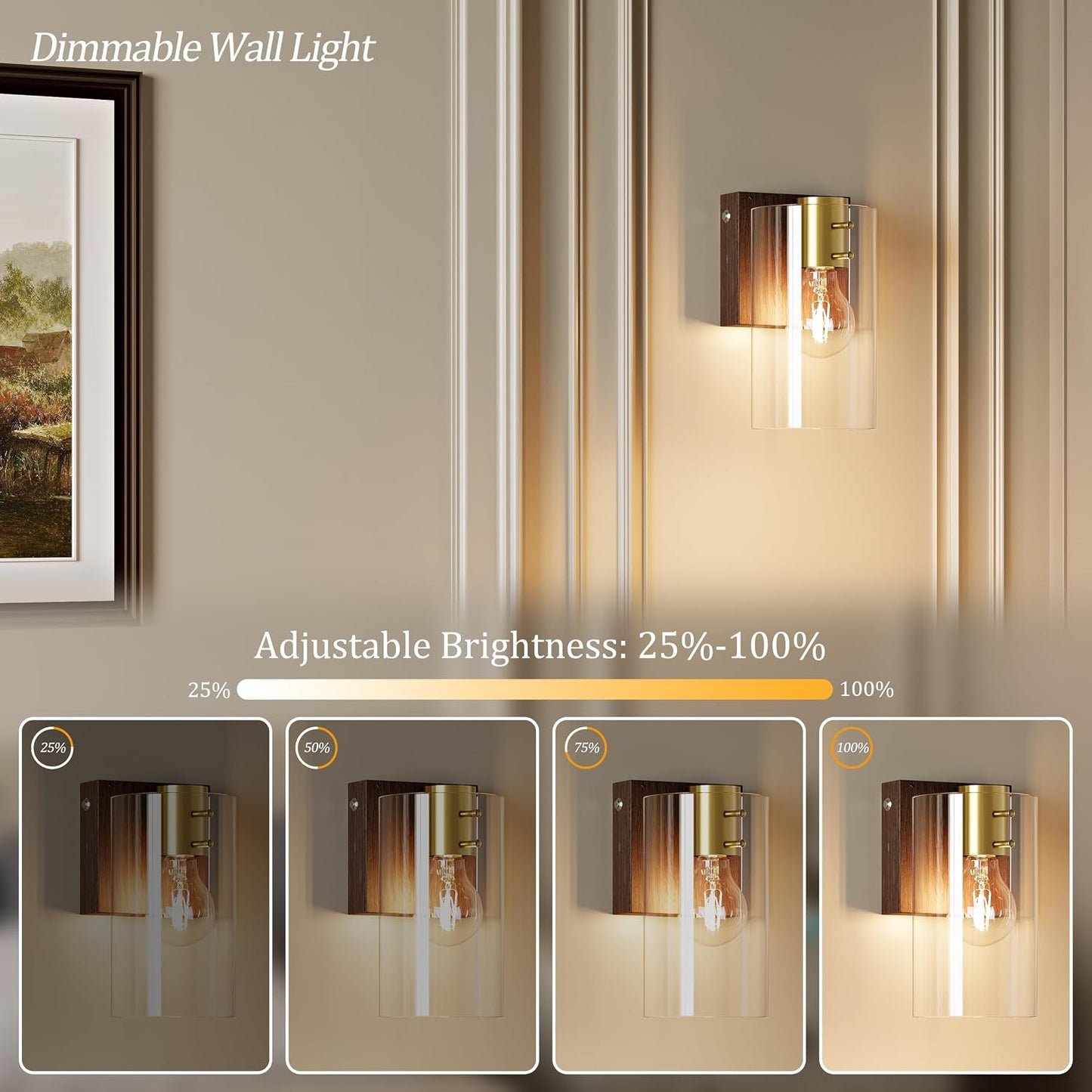 Modern Walnut Gold Battery Operated Wireless Wall Sconces Set of Two | Dimmable Rechargeable Wall Sconce with Remote