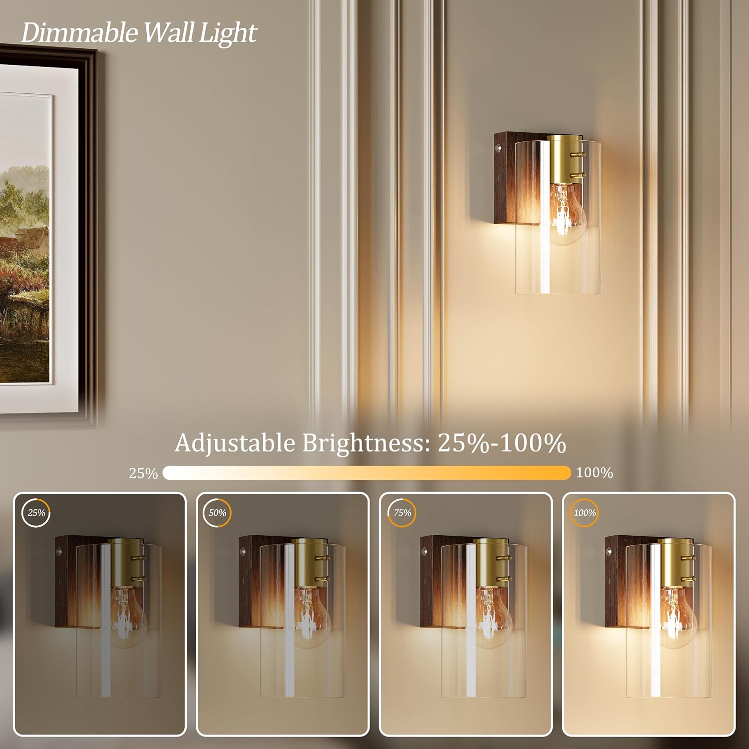 Modern Walnut Gold Battery Operated Wireless Wall Sconces Set of Two | Dimmable Rechargeable Wall Sconce with Remote