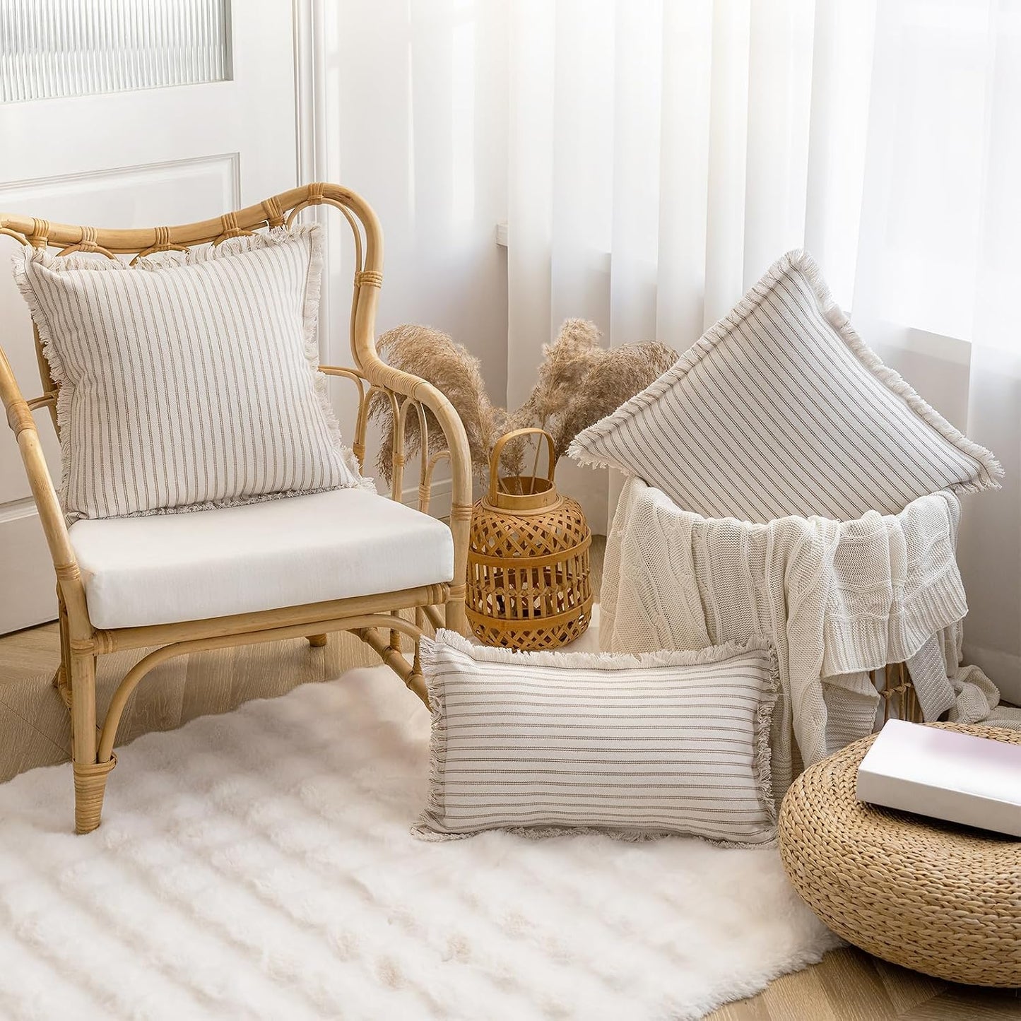 Throw Pillow Covers Striped Fringe Pillow Cover Farmhouse Cushion / Khaki / 18 x 18 / Set of 2