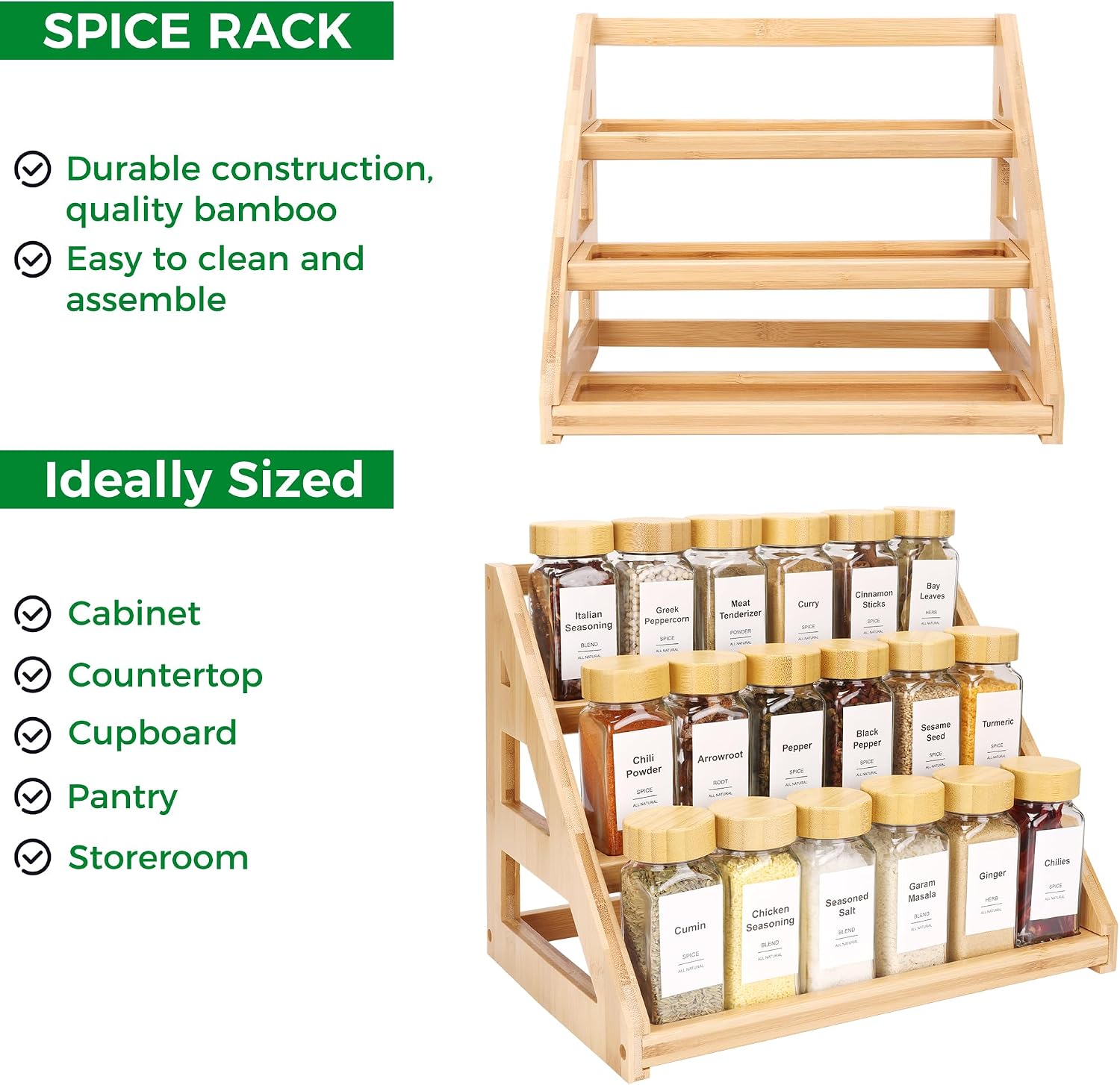 Spice Rack, Spice Organizer -3 Tier Bamboo Spice Racks, Solution for Spice Storage in Kitchens, Countertops，Storage