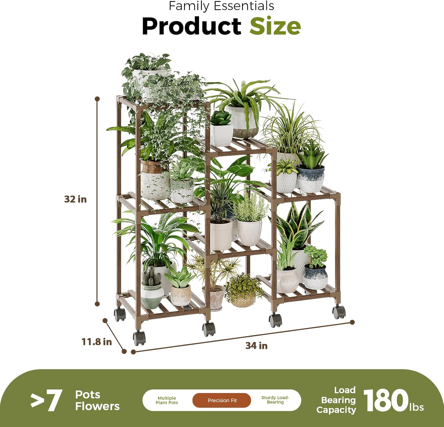 Bamworld Plant Stand with Wheels for Indoor Plants Wood Outdoor Tiered Shelf 3 Tire 7 Potted Ladder Plant Holder Table