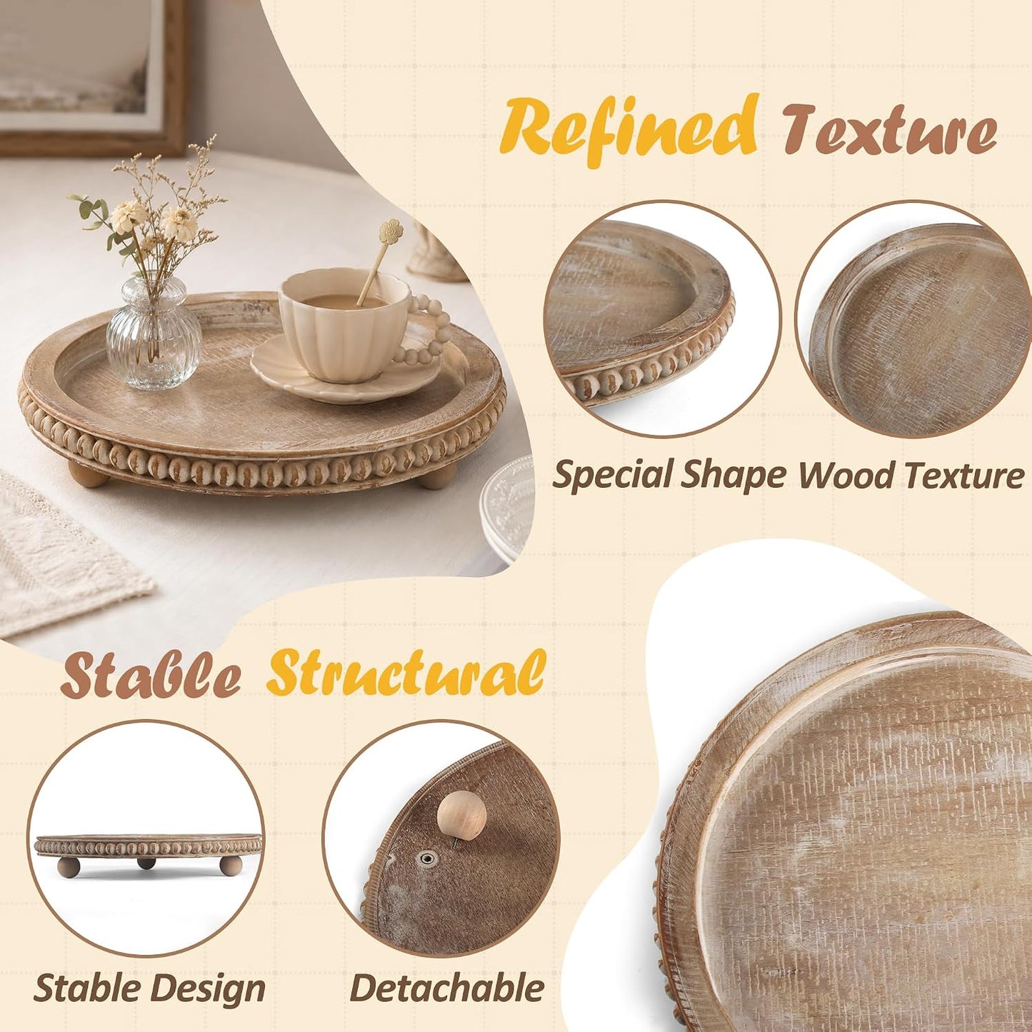 Natural Wood Beaded Tray / Brown / Round