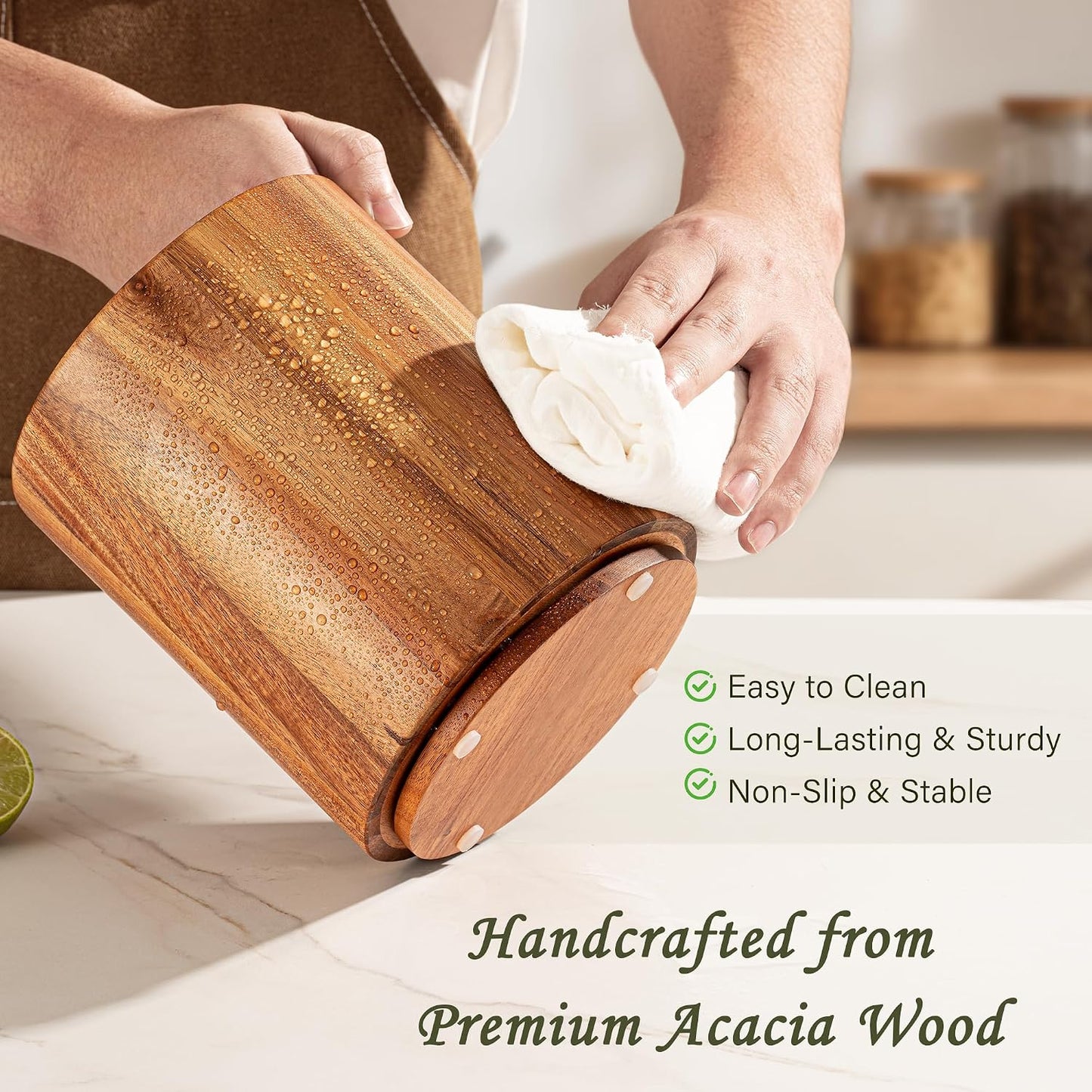 Utensil Holder 3 Pack, 360° Rotating Acacia Wood Cooking Utensil Crocks for Kitchen Counter, Farmhouse & Modern Decor