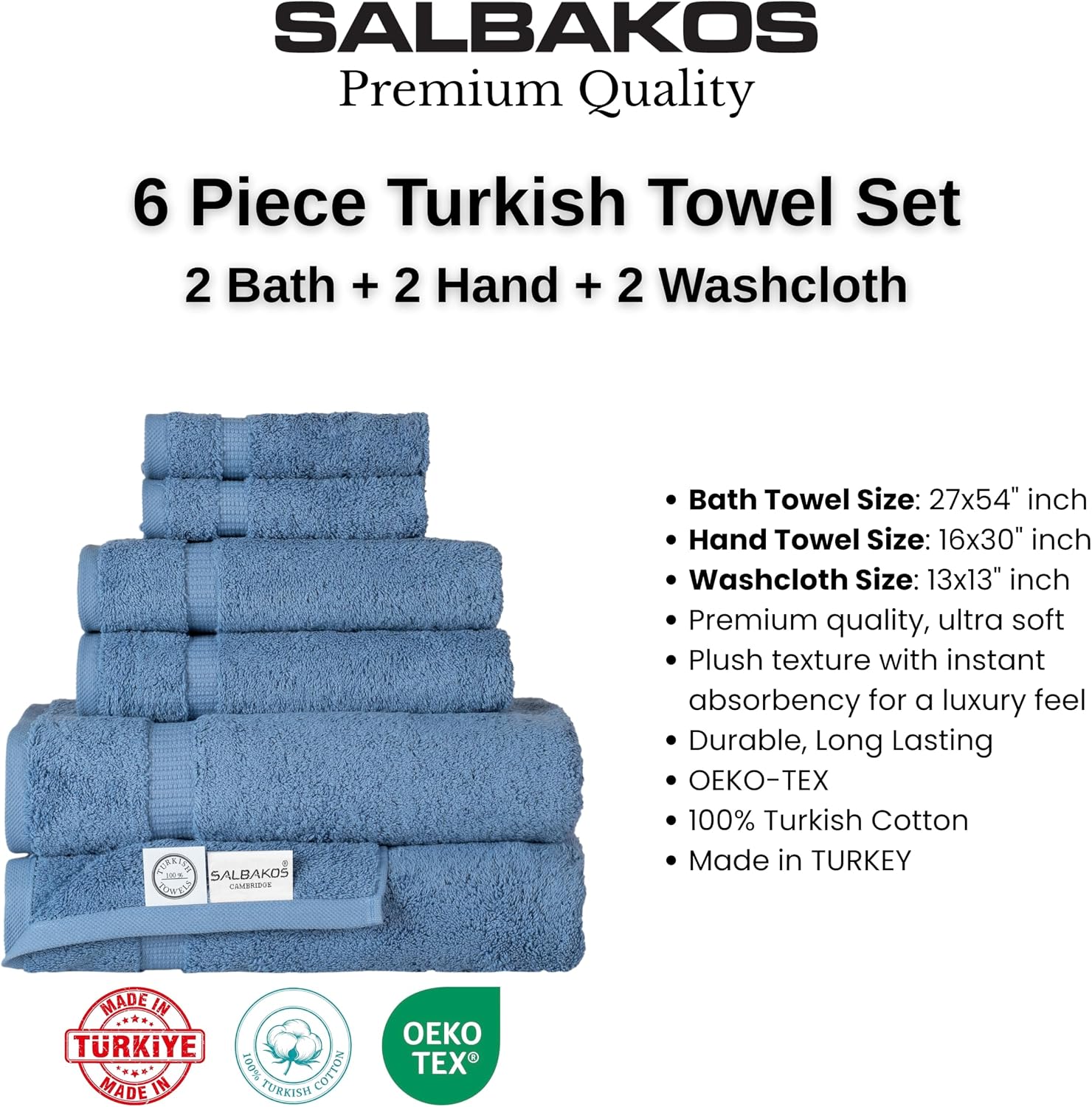 SALBAKOS 100% Turkish Cotton Bathroom Towel Set of 6-Piece, Blue | 630 Gsm Thick Super Soft Highly Absorbent 2 Bath + 2