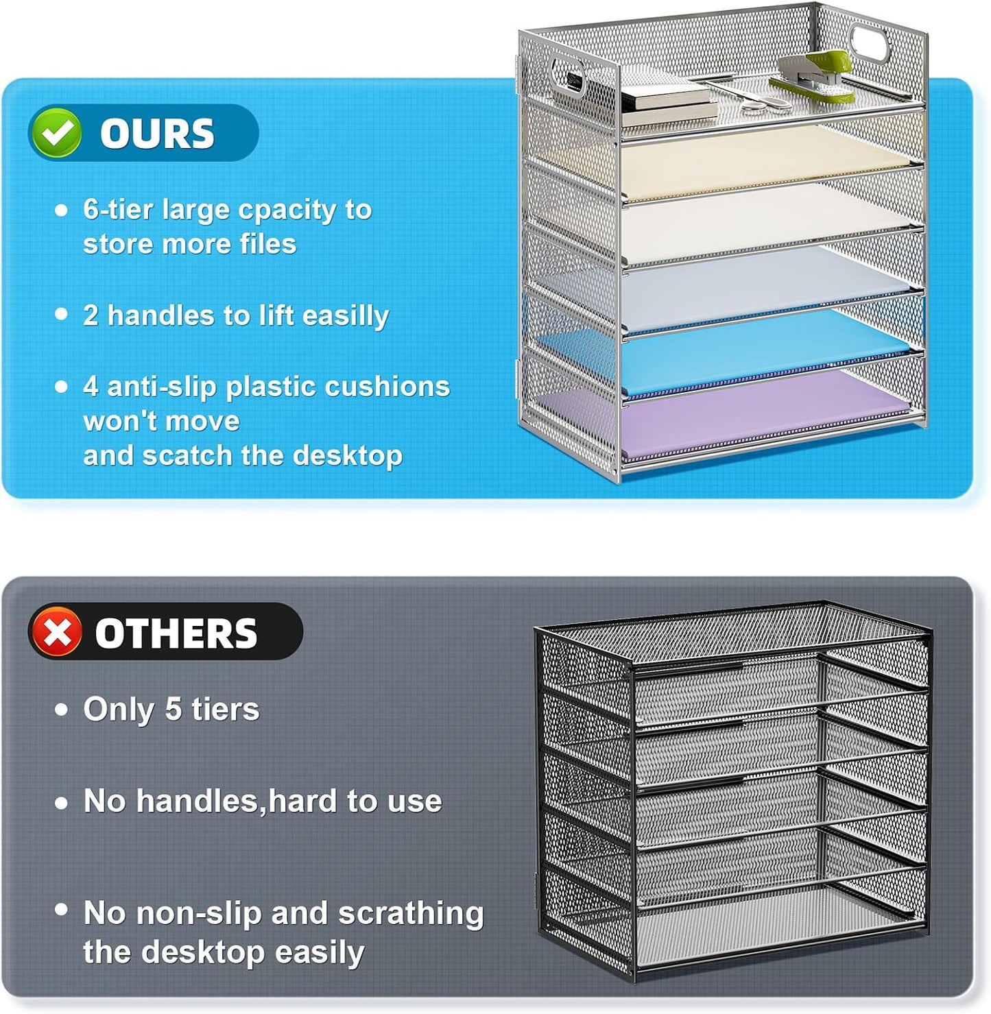 Marbrasse Paper Letter Tray - 6 Tier Mesh File Organizer with Handle, Paper Sorter for Letter/A4 Office File Folder