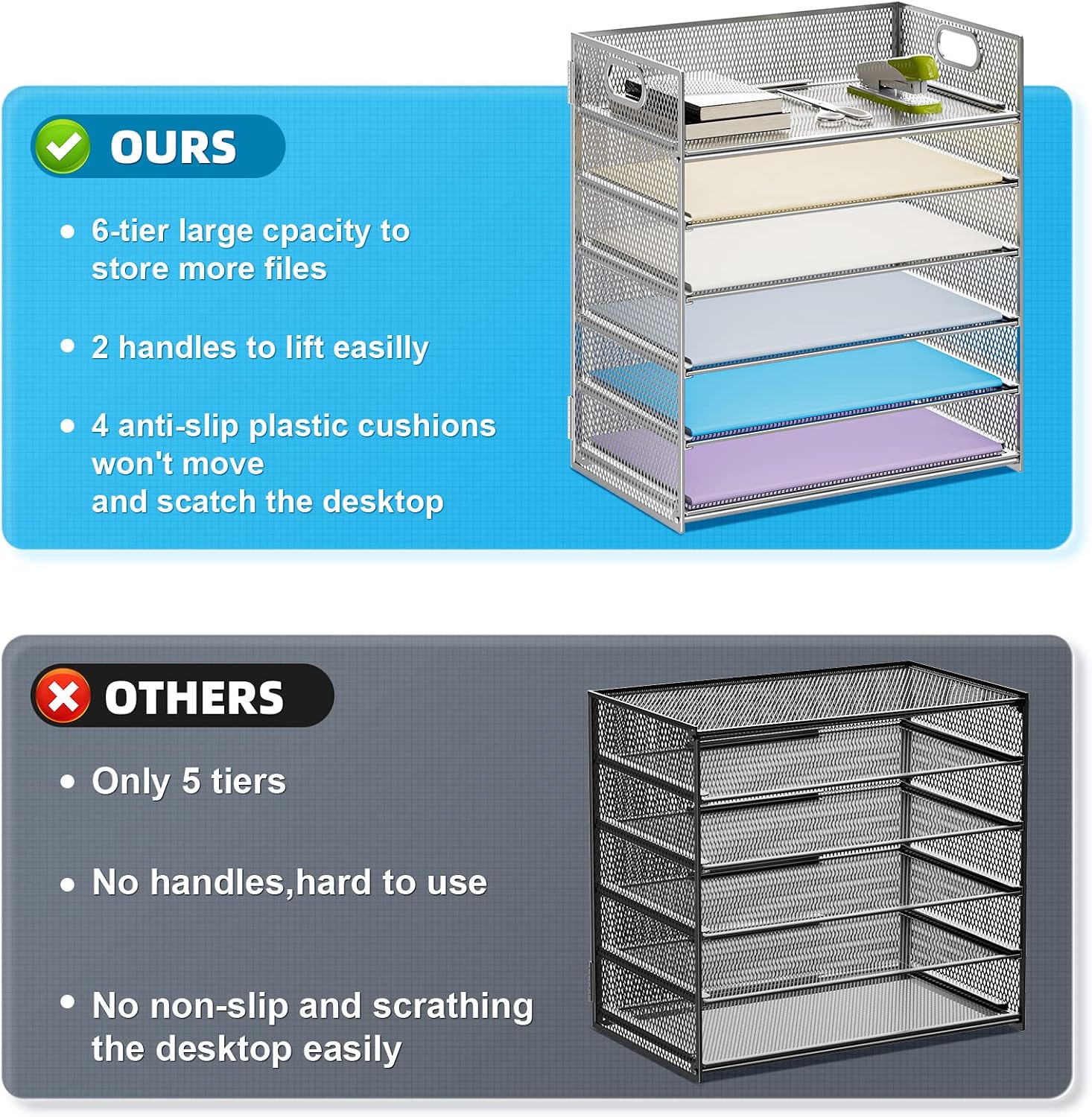 Marbrasse Paper Letter Tray - 6 Tier Mesh File Organizer with Handle, Paper Sorter for Letter/A4 Office File Folder