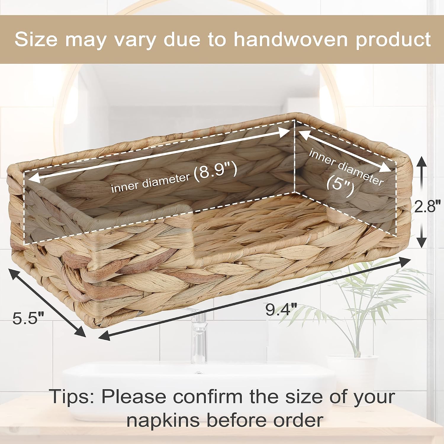 Disposable Guest Towel Napkin Basket Rectangular Napkin / Water Hyacinth / L9.4" x W5.35" x H2.8