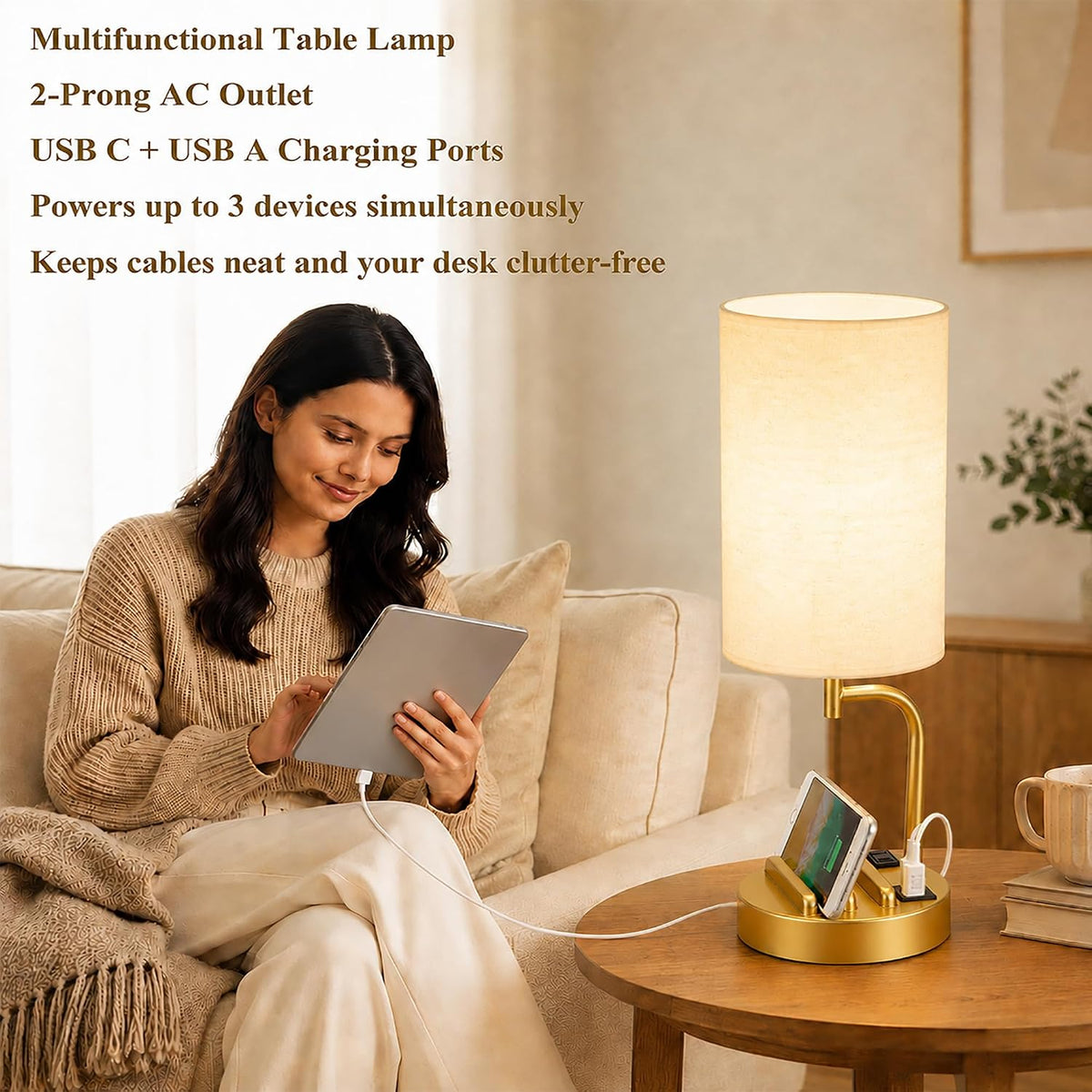 Dreamholder Touch Control USB Table Lamp with USB C/A & AC Outlet, 3-Way Dimmable Bedside Lamp, Modern Nightstand Lamps