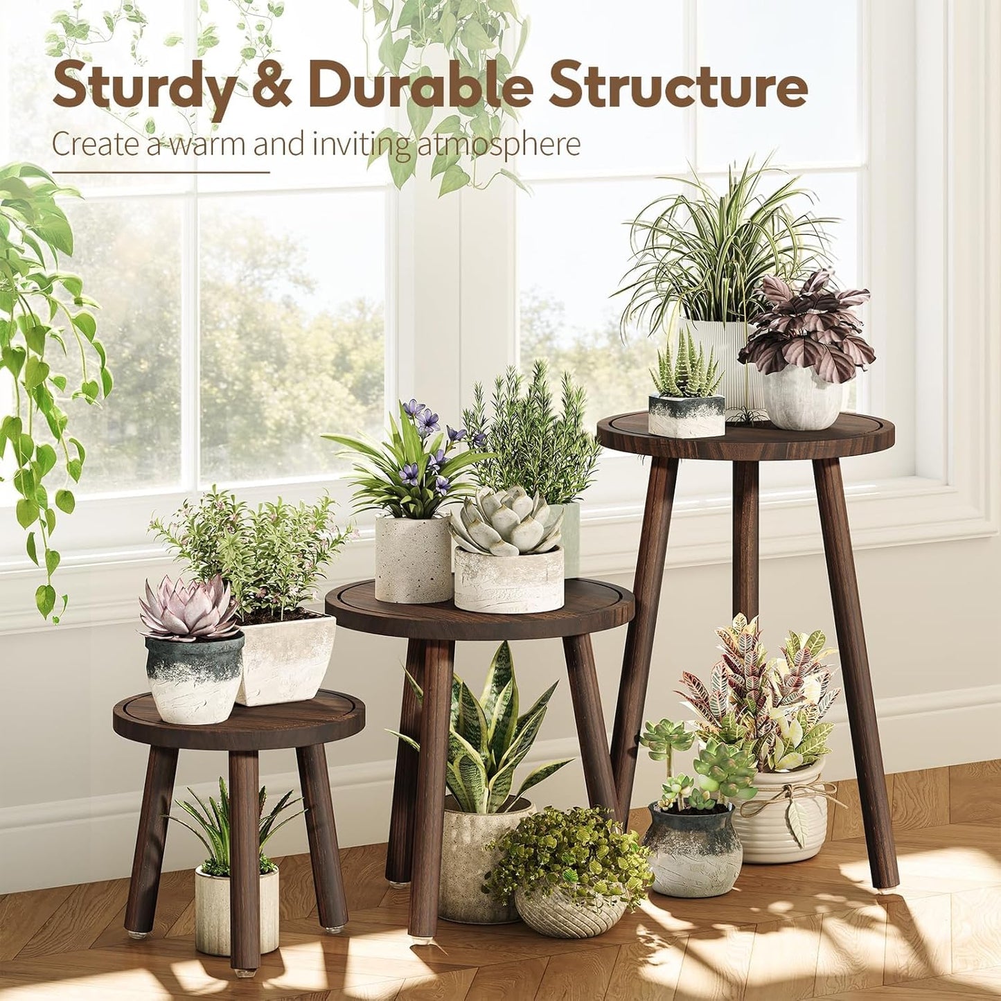 Mid-Century Modern Plants Stool / Dark Brown / 12 Inch / Set of 3
