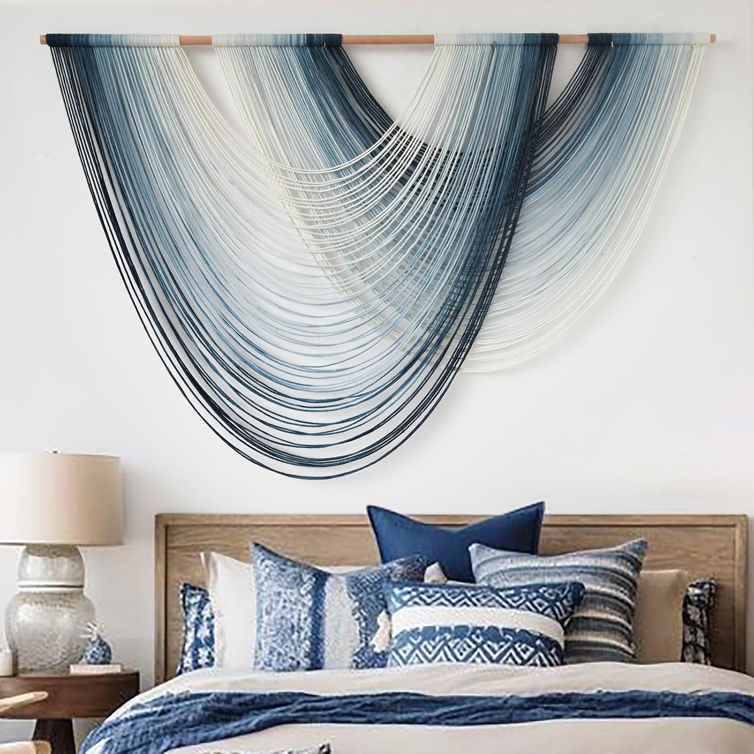 Macrame Wall Hanging Large handmade Navy Blue Ombre Fiber Art 57"W*39"L