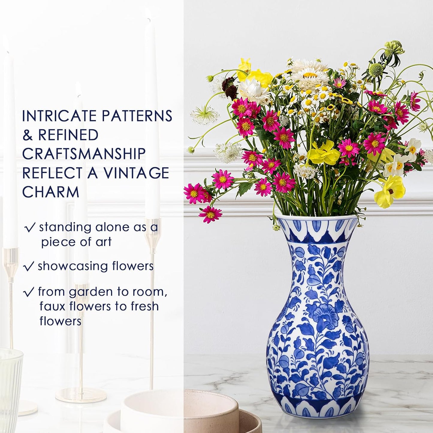 Tall Ceramic Vase in Wide Mouth Floral Pattern / # Small Floral Texture / Blue / 11 Inch