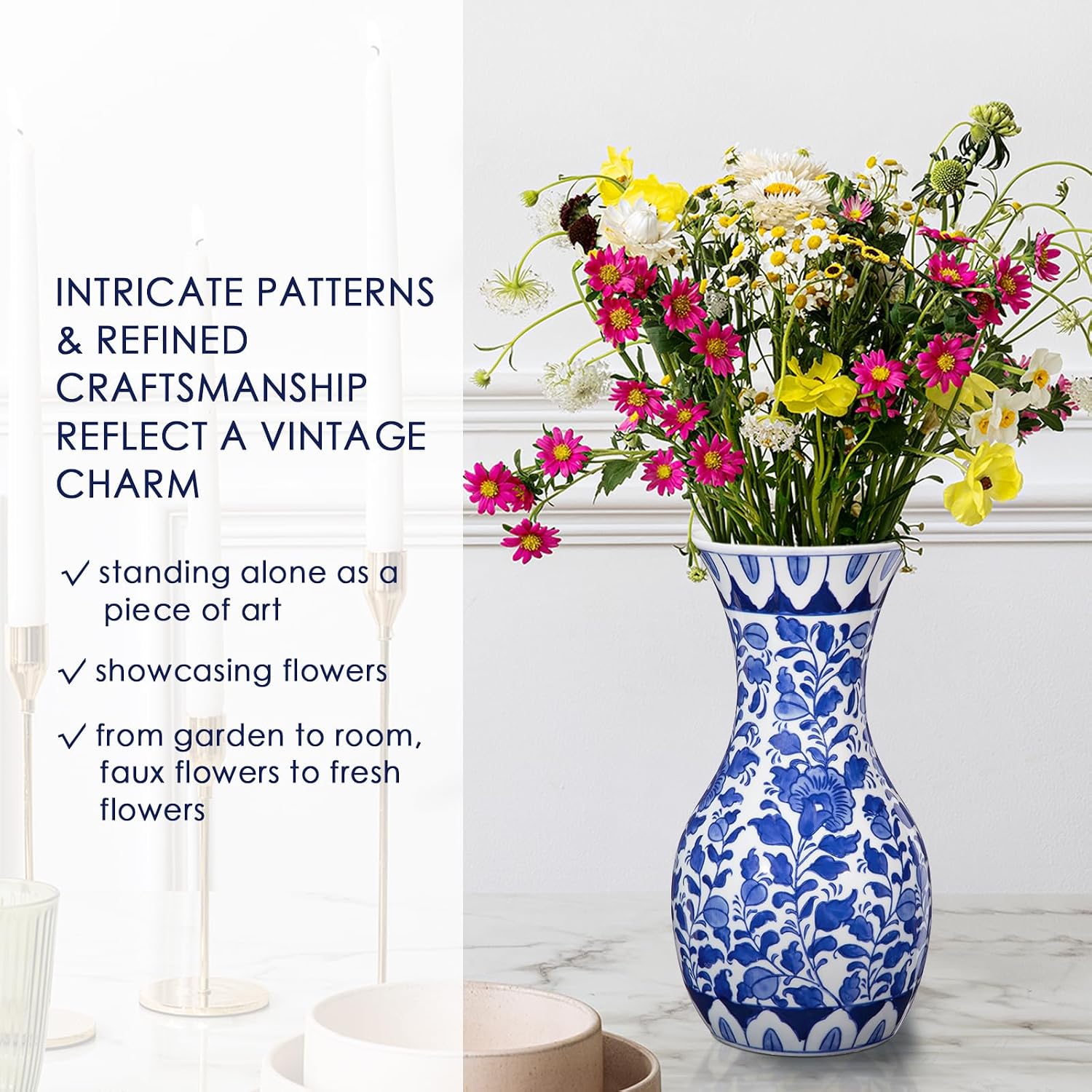 Tall Ceramic Vase in Wide Mouth Floral Pattern / # Small Floral Texture / Blue / 11 Inch