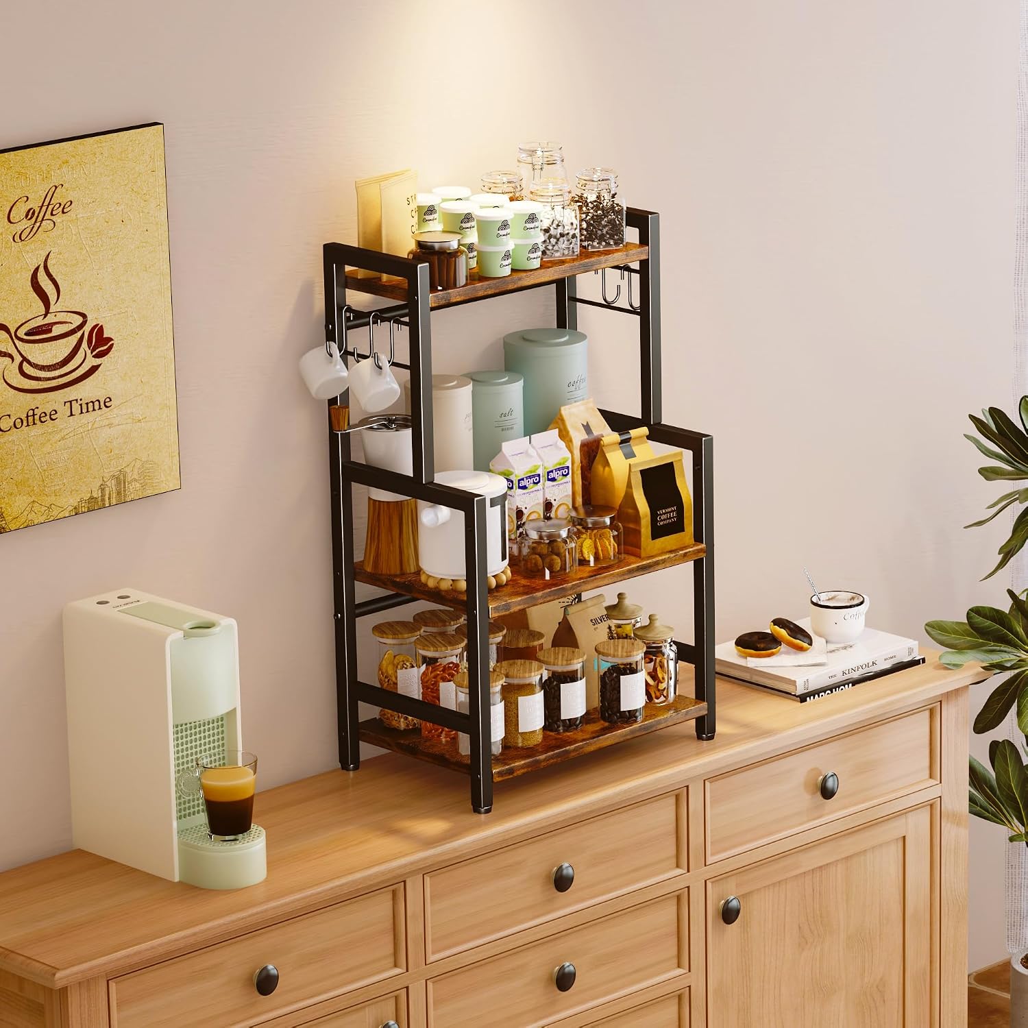 Kitchen Countertop Organizer,3 Tier Large Spice Rack Organizer with Adjustable Shelf and 5 Hooks,Wooden Counter