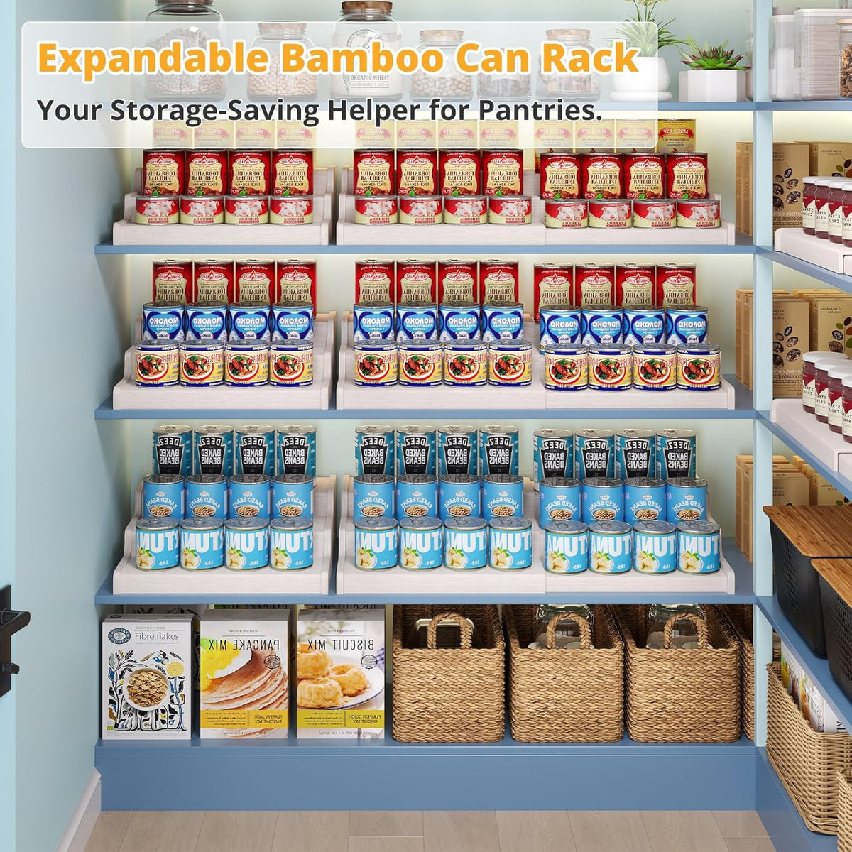 3-Tier Expandable Bamboo Can Organizer for Pantry, Holds 24 Cans, White | Adjustable Can Storage Rack for Kitchen