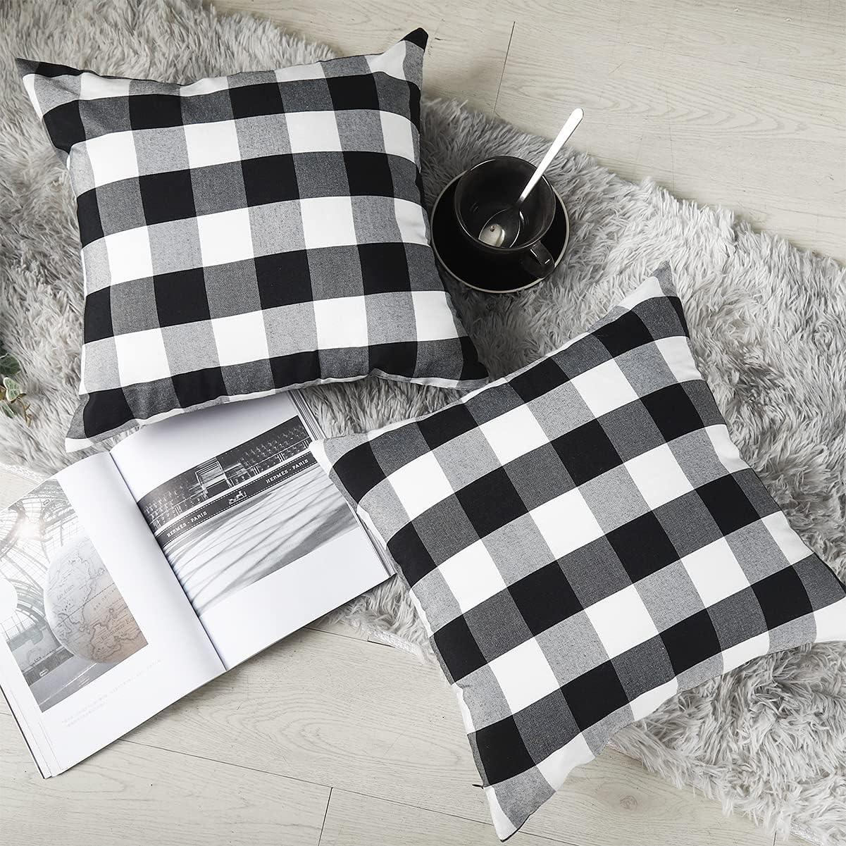Black and White Buffalo Plaid Pillow Covers Plaid Outdoor Pillow / Black Check / 18 x 18 / Set of 2